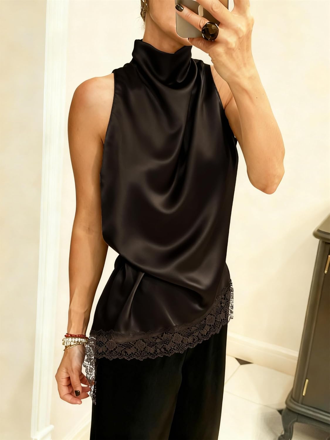 Women's Mock Neck Satin Lace Trim Tops Sleeveless Side Split Asymmetric Hem Tank Tops Y2k Elegant Going Out Tops - Image 4