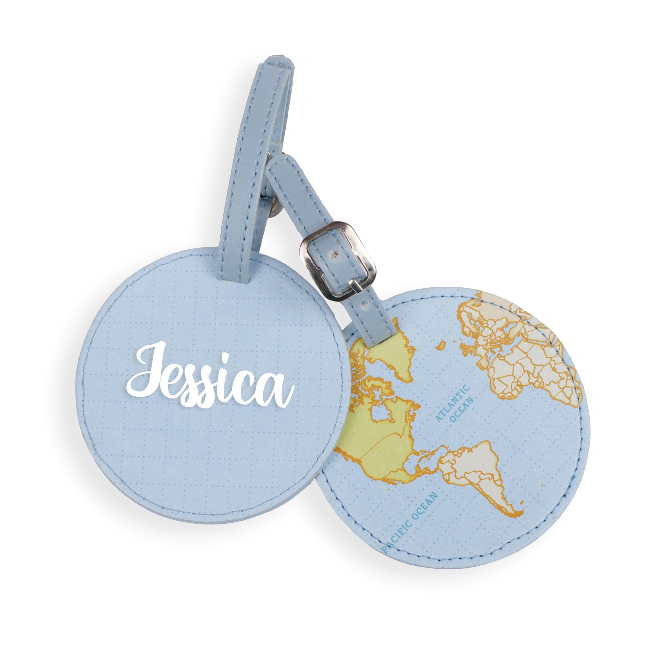 The Bling Global Personalized Luggage Tag, Blue, World Map Design, Premium PU Leather Round Travel Bag Tag with Adjustable Buckle Strap,Custom Baggage Identifier for Men, Women, & Travelers-image-9