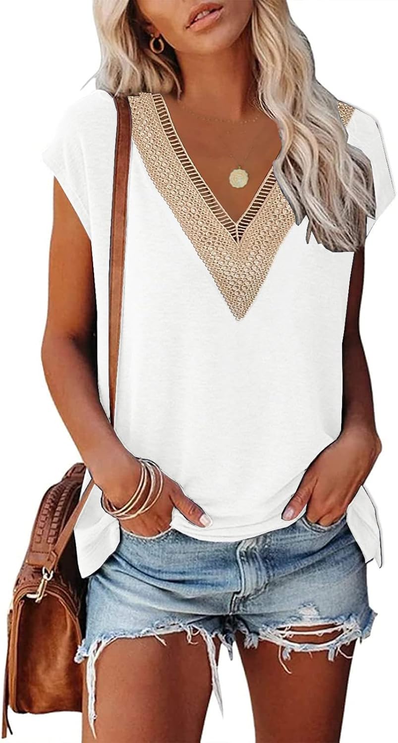 isermeo Womens Cap Sleeve Summer Tops Trendy Tank Tops Lace V Neck Loose Fit Shirts S-XXL