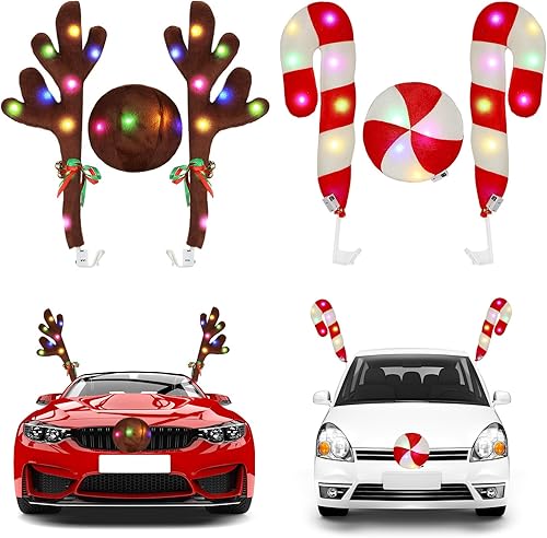 2 pares de cuernos de reno de Navidad y nariz con luces LED, decoración navideña para ventana de automóvil, cornamentas de reno, kit de automóvil