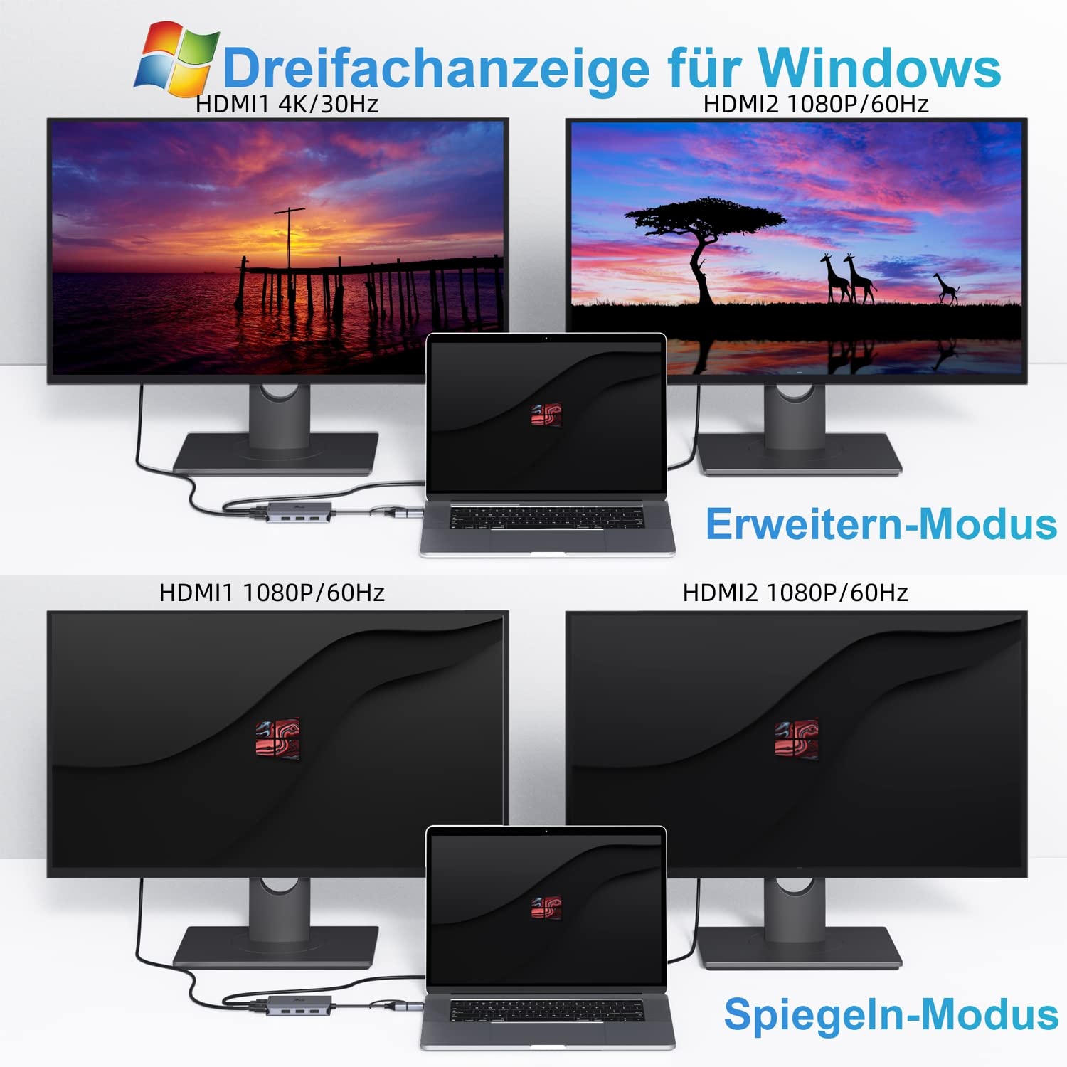 Koncentrator USB C 2 HDMI, USB A na Dual HDMI, stacja dokująca USB C 2 HDMI, 3 USB 2.0, podwójny monitor, rozdzielacz HDMI, kompatybilny z MacBook Pro/Air/M1/M2, koncentrator USB A, kompatybilny z Dell / HP