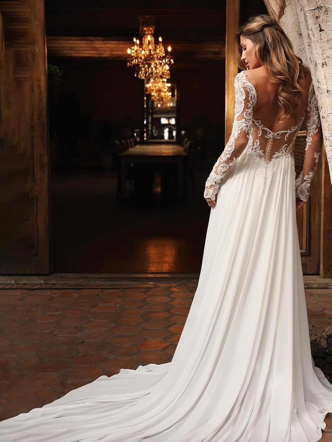 Long Sleeves Chiffon Wedding Dresses for Women Lace Appliques Slit Bridal Gowns with Train for Brides