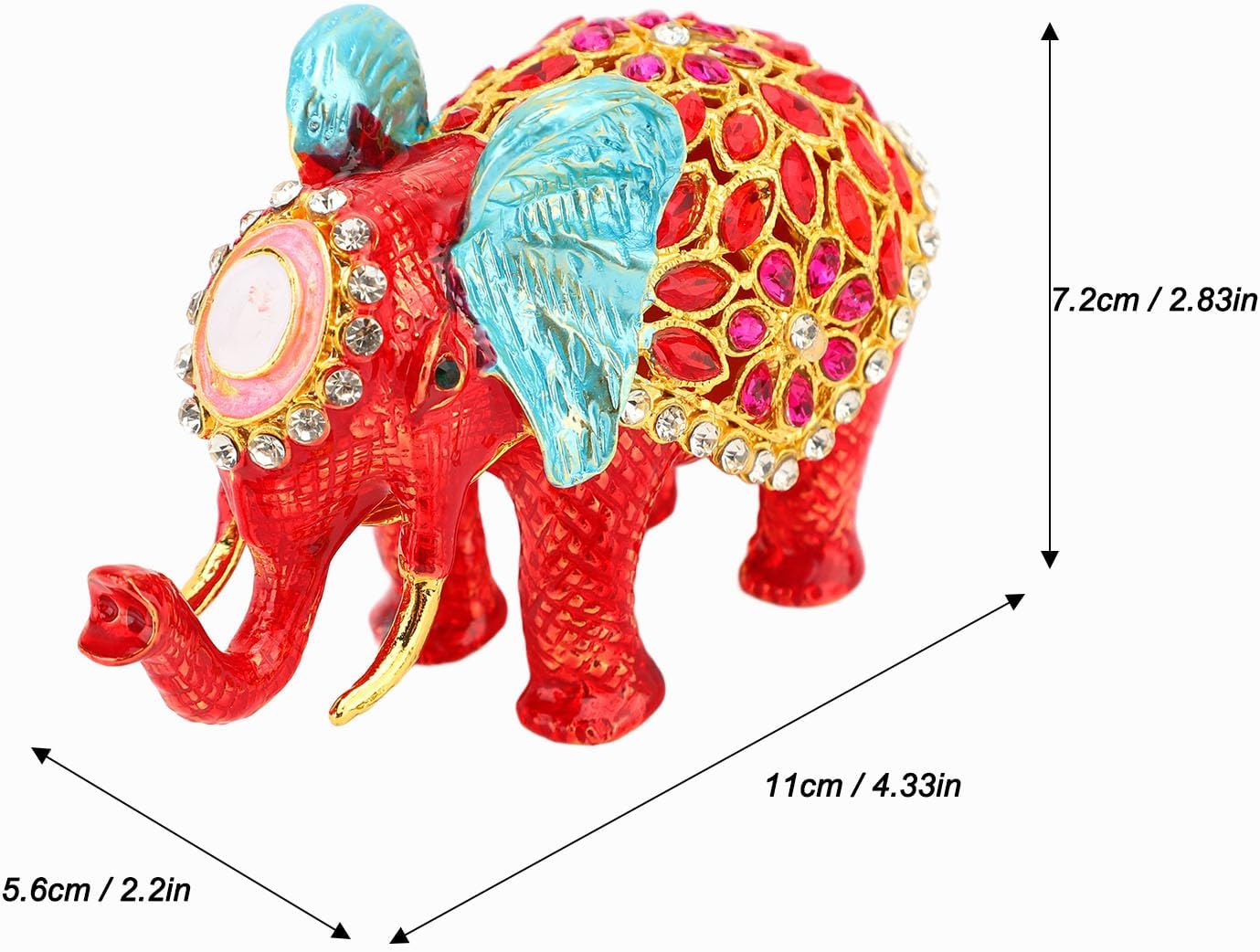 CDQL Hand Painted Enamel Lucky Elephant Trinket Box, Hinged Unique Mini Ring Necklace Jewelry Organizer, Classical Bejeweled Storage, Figurine Collectible Keepsake Home Decor (Gold Red)