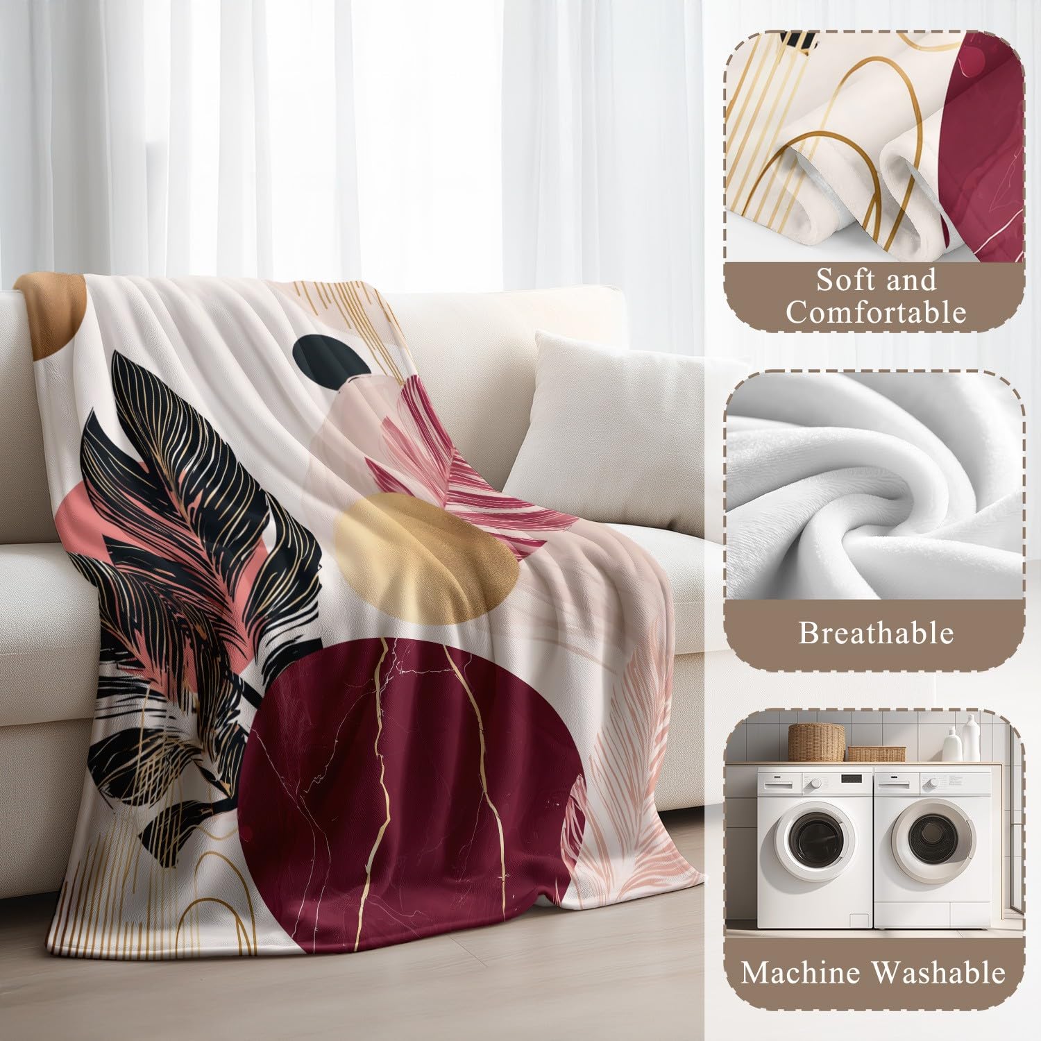 Générique Koc flanelowy w kratę 180 cm x 200 cm gruby jesienny koc polarowy ciepły, nowoczesny abstrakcyjny Boho delikatny luksusowy elegancki natura puszyste rośliny lekkie koce