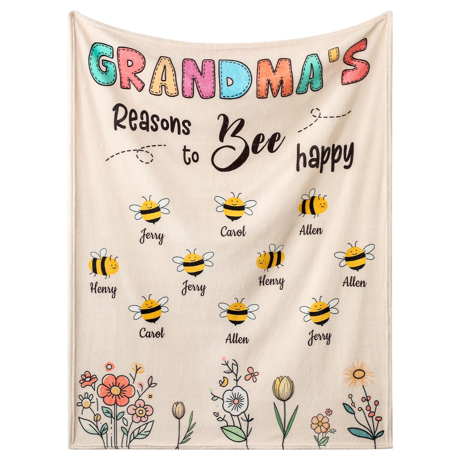 Greenyre Personalised Grandma Blanket, Custom Grandkids Names, Mother's Day Birthday Gifts for Nan Nana, Grandma's Reasons to Bee Happy, Cozy Fleece Throw for Sofa Bed — image 1