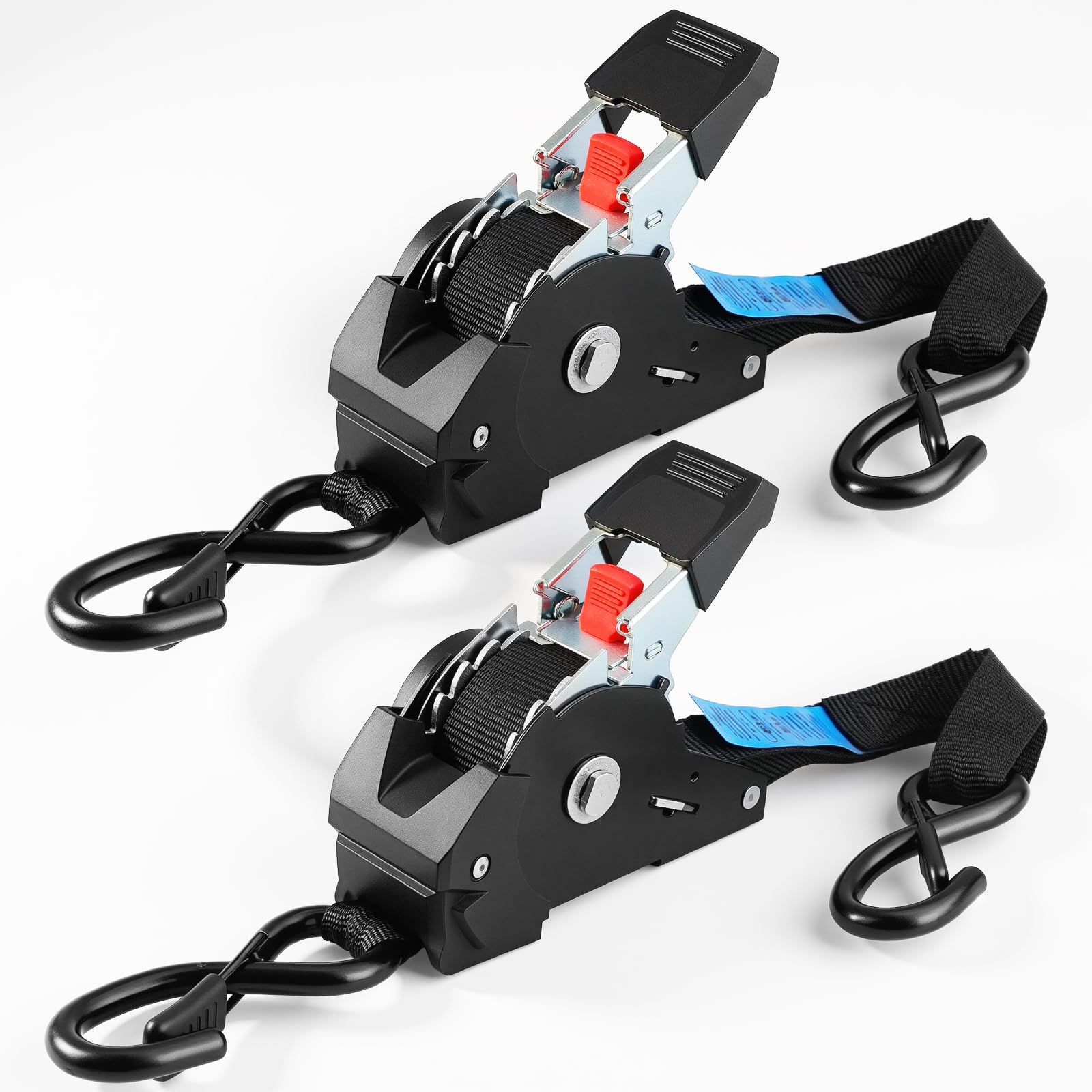 TLGREEN Automatyczny pas mocujący, 3 m x 25 mm, samoczynnie zwijające się pasy mocujące, 2 sztuki, pas zapadkowy z hakiem S, wytrzymałość na pękanie 748 kg, pas mocujący do przyczepy, motocykla