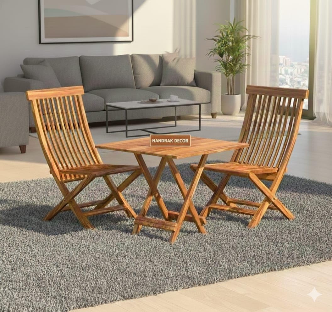 Foldable Wooden Patio Table Set with 2 Chairs | Outdoor Garden Dining Table with Chairs for Balcony, Lawn, Poolside | Solid Sheesham Wood Seating for Backyard (Honey Finish) (Honey)-picture-21
