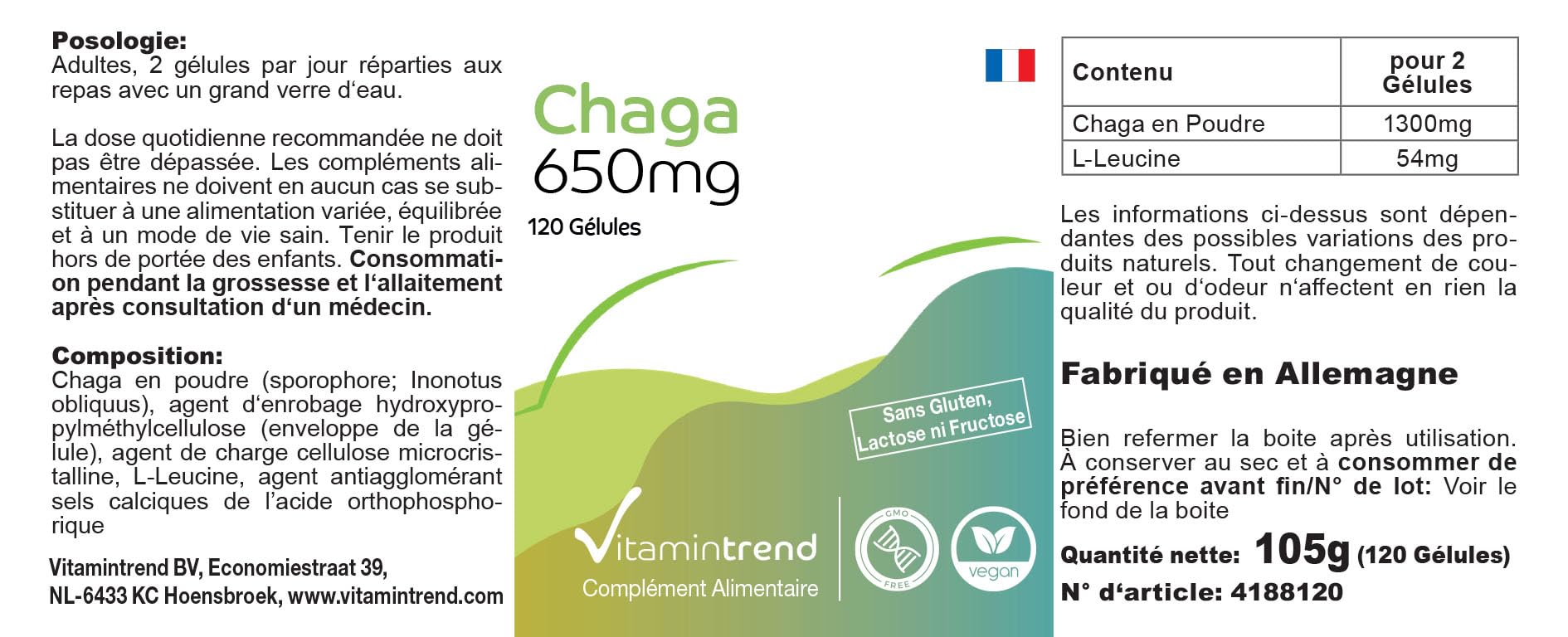 Vitamintrend Poudre de chaga 650 mg, 120 gélules, complément alimentaire végan sans stéarate de magnésium, fabriqué en Allemagne