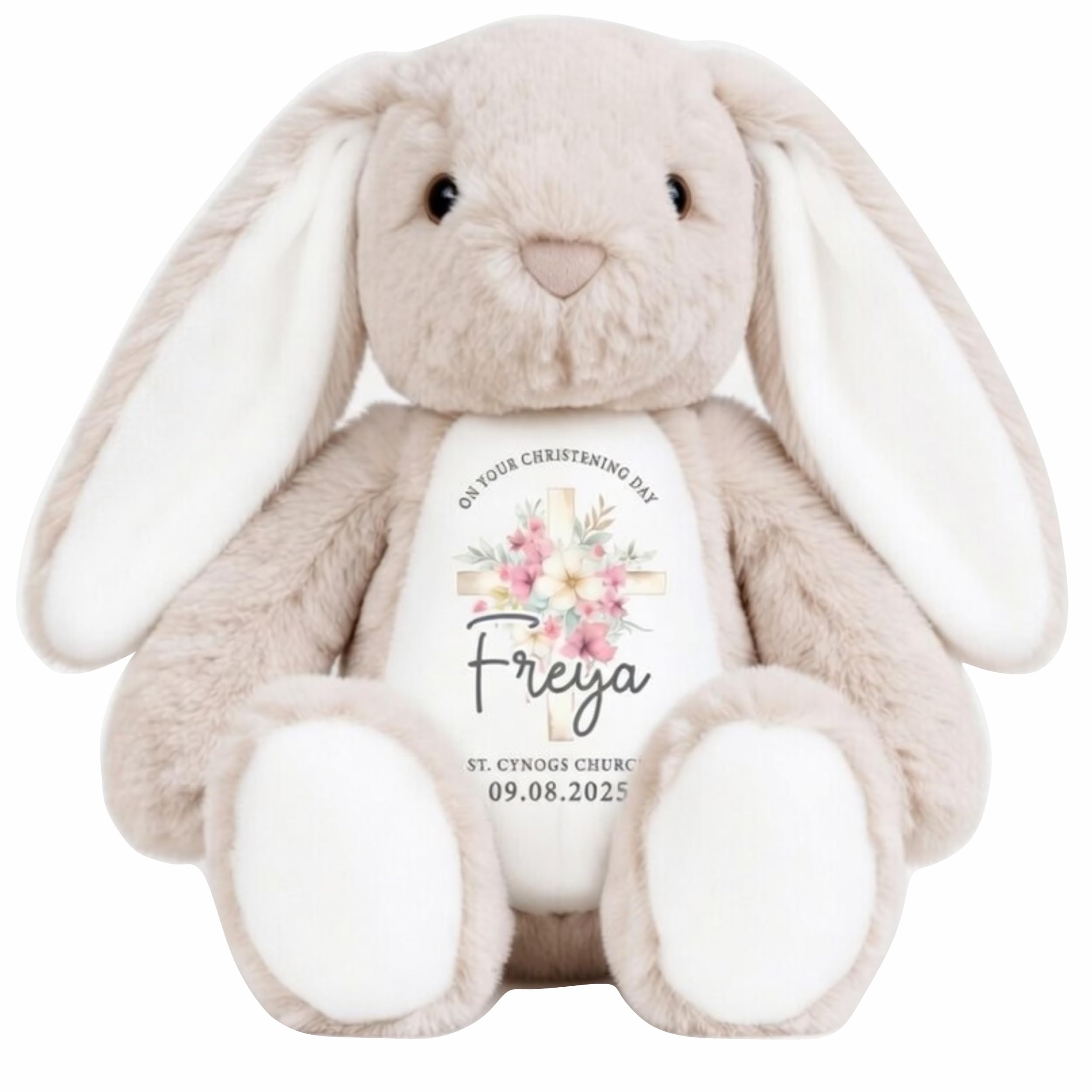 Crwban - Personalised Pink Christening Bunny Gift, Baptism or Holy Communion Gift, Keepsake, Baby’s Special Day (Beige Bunny)
