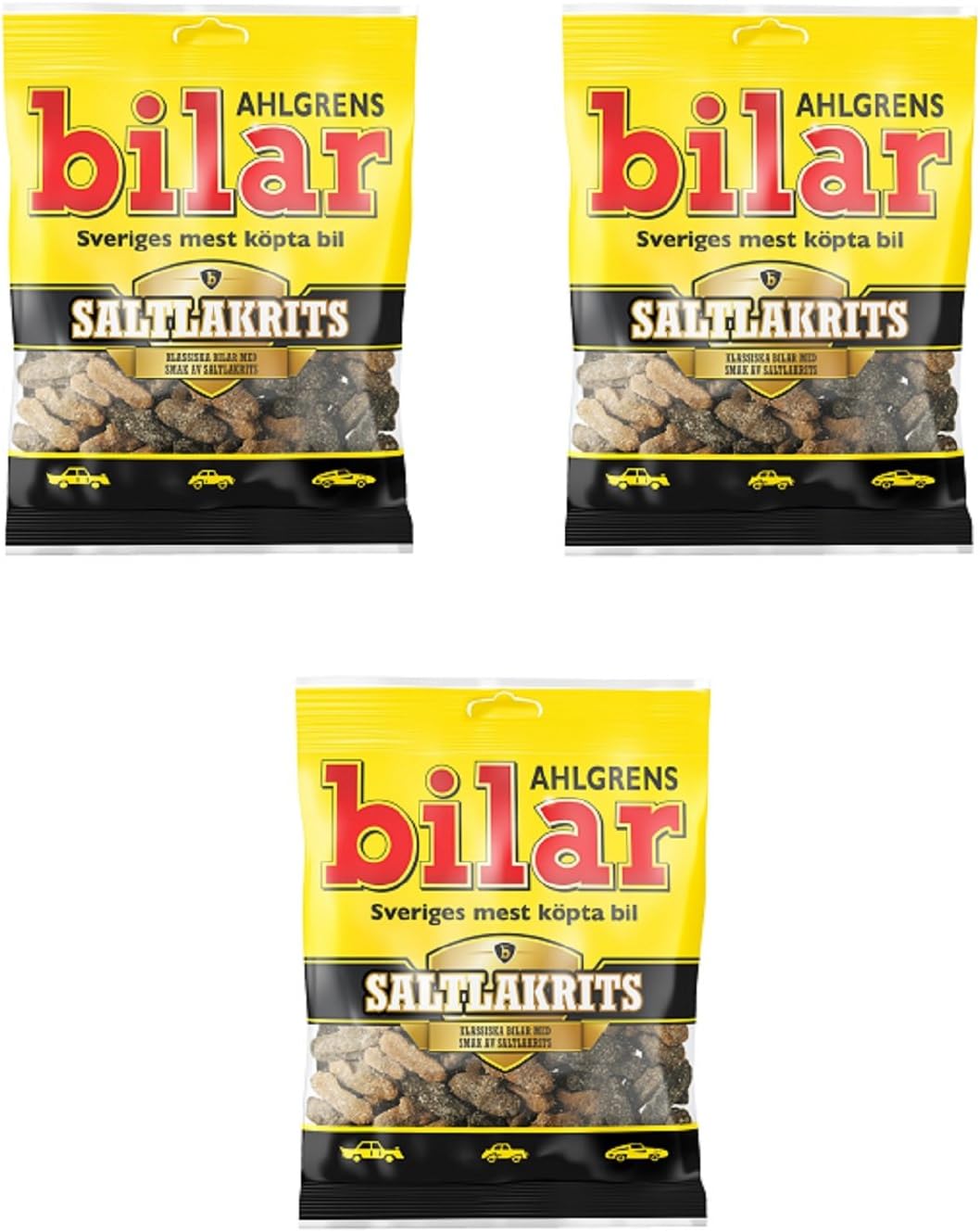 Ahlgrens Bilar Saltlakrits - Original Swedish Soft and Chewy Salty Liquorice Salmiak Marshmallow Cars Candies Sweets Bag 100g x 3 pcs