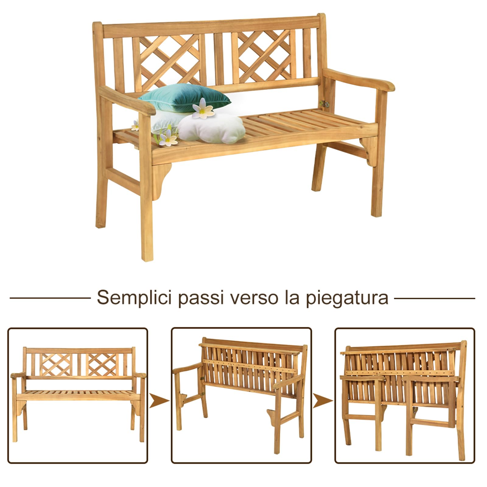 COSTWAY Panchina da Esterno Pieghevole, Panca da Esterno in Legno Massello con Schienale Curvo e Braccioli, Panchina per Giardino, Portico e Balcone, 120 x 56 x 90 cm