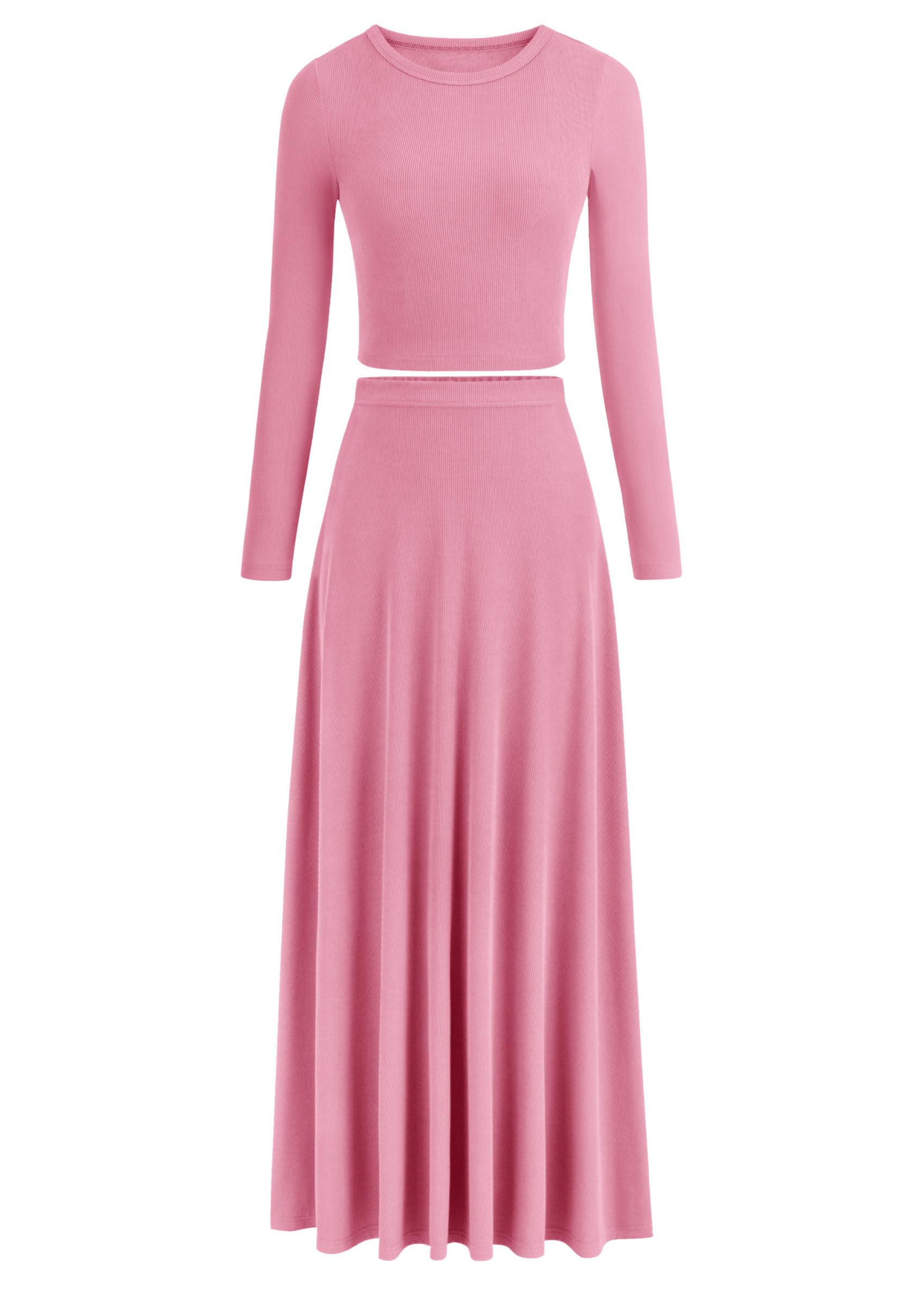 PRETTYGARDEN Women Fall Spring 2 Piece Outfits Dressy Casual Ribbed Knit Long Sleeve Crop Top Maxi Flowy Skirts Matching Sets