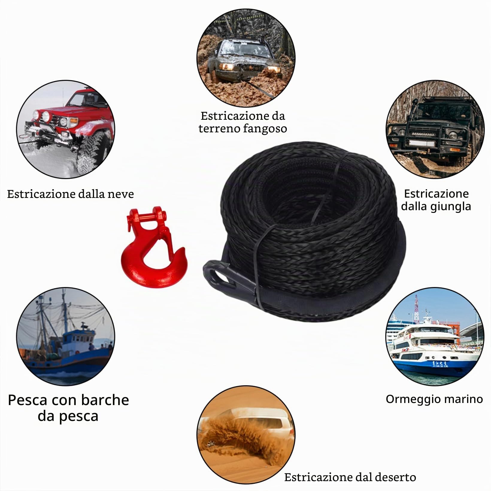 Corda Verricello, Corda Traino 8mm x 15M, Corda Sintetica 12 Fili con Copertura Protettiva e Gancio in Metallo, Corda Forestale Forza Massima di Trazione 6000KG, per ATV UTV SUV Camion Barca Offroad