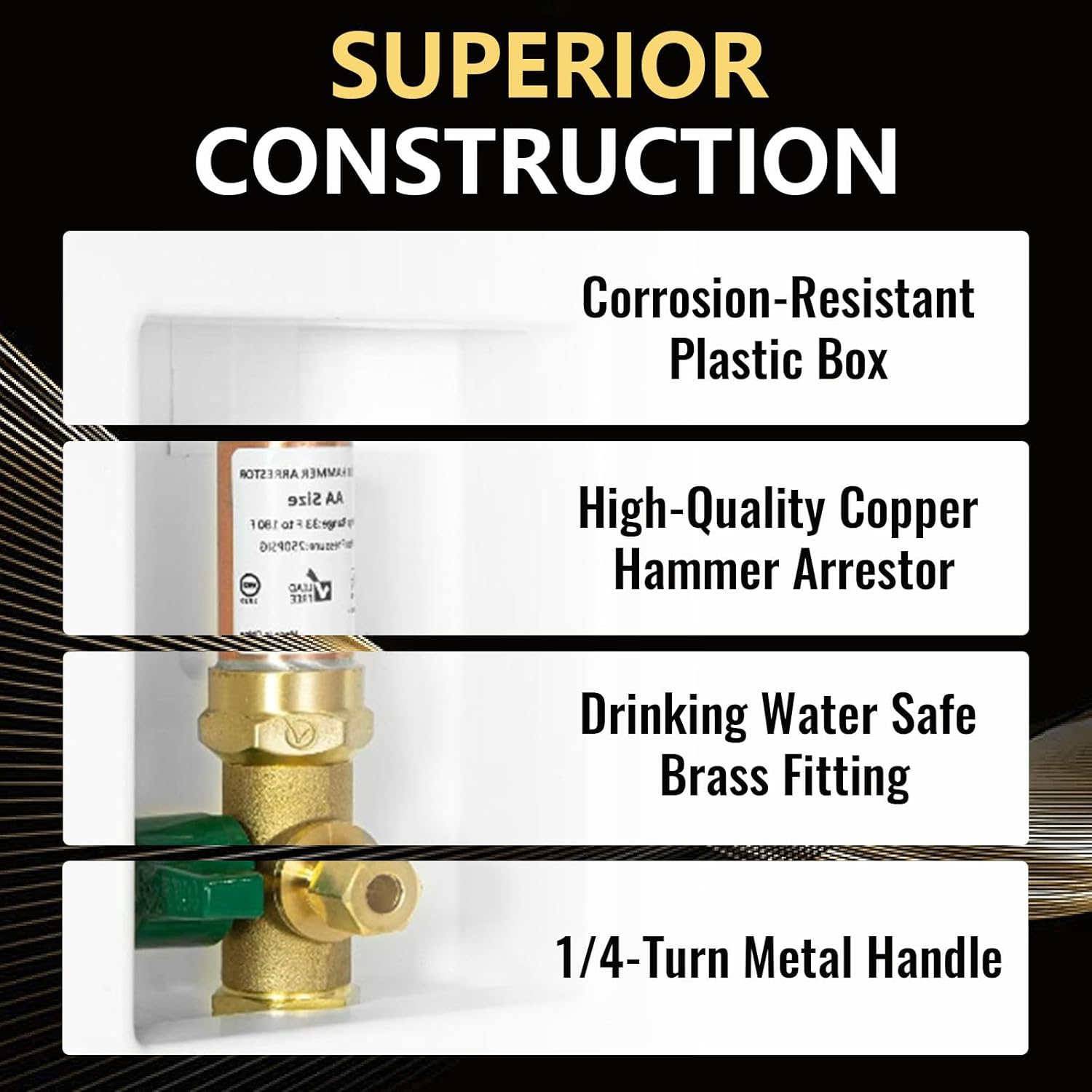 2 PCS Foskan 1/2" Pex-A Expansion Inlet Ice Maker Outlet Box (Pre-Assembled), 1/4" OD Compression Outlet, with Installed Green-Handled Quarter-Turn Ball Valve and Copper Hammer Arrestor