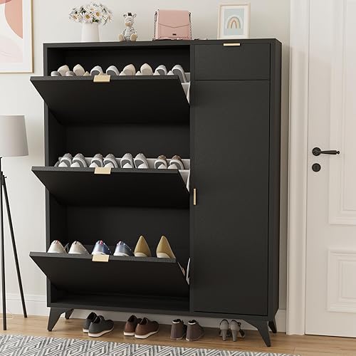 Miniatura 3 de ARTETHYS Armario de almacenamiento de zapatos delgado con puerta, armario de zapatos estrecho con 3 cajones abatibles y estante para botas para