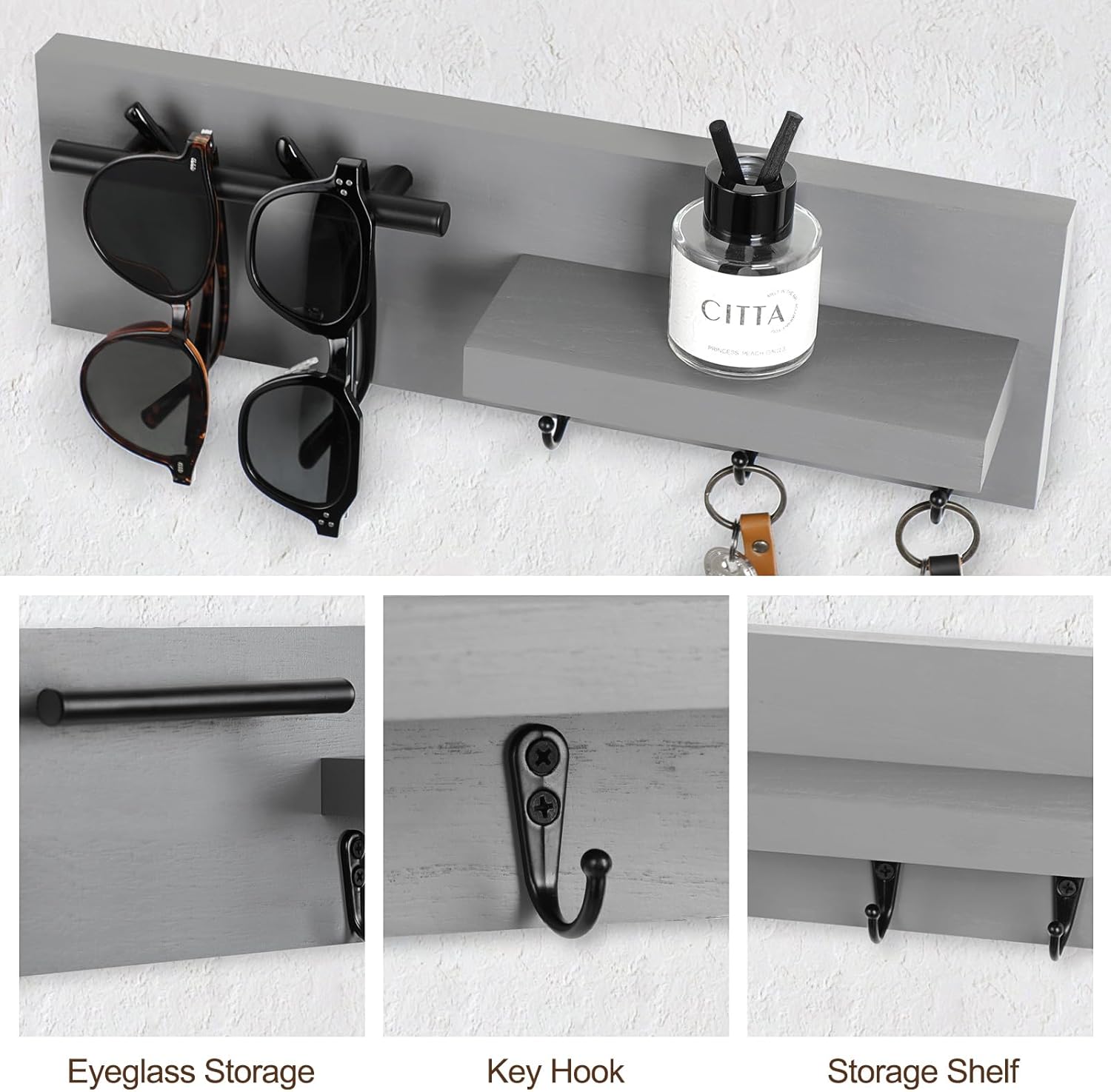 Key Holder for Wall Mount Set (11.81'' Black Key Holder with 5 Hooks & 15'' Gray Key Holder with Handle)