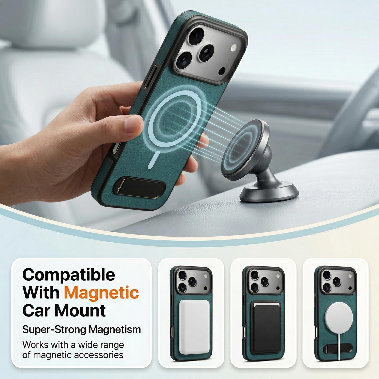 Funda de Cuero PU Vintage para iPhone 17 Pro, Carcasa con Soporte Plegable y Anillo Magnético Integrado, Diseño Delgado Anti-Choque, Agarre Cómodo, Negro