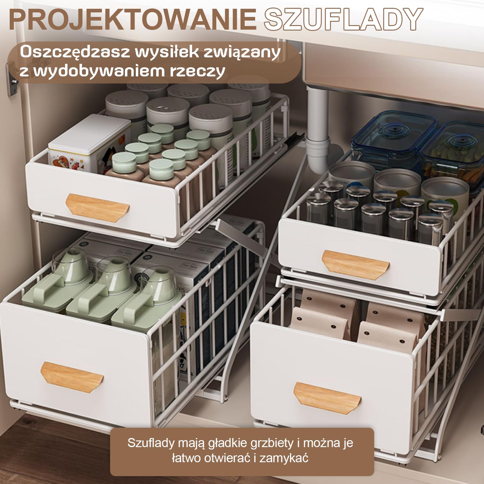 2-poziomowy organizer do przechowywania przypraw, metalowy organizer pod zlewozmywak, wysuwany regał do przechowywania, organizer do kuchni, organizer na środki czyszczące, regulacja wysokości
