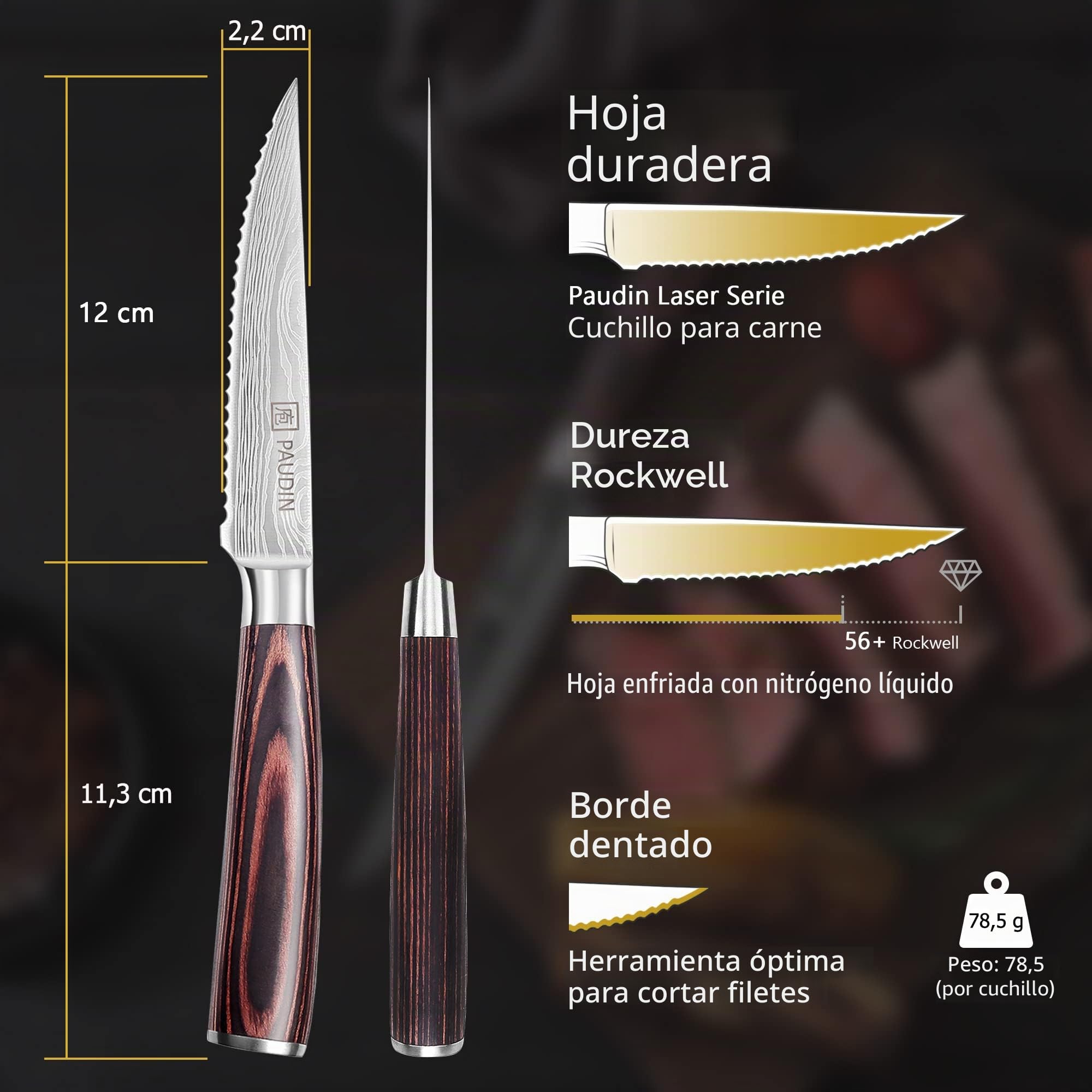 PAUDIN Juego de 6 cuchillos de carne, cuchillos de carne de acero inoxidable alemán, hoja dentada ultra afilada y mango ergonómico de madera, cuchillos de mesa con estuche de regalo
