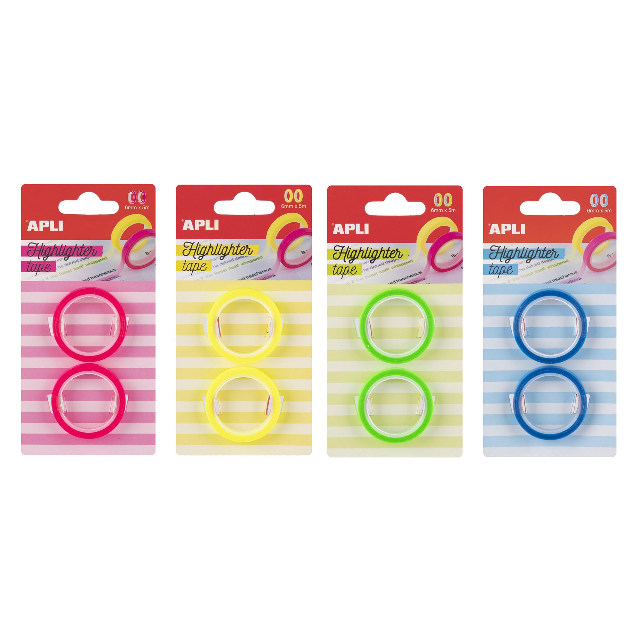 APLI 19666 - Highlighter Tape Set - 4 Neon Colours - Neon Highlighter Tape Rolls - Removable Clear Adhesive