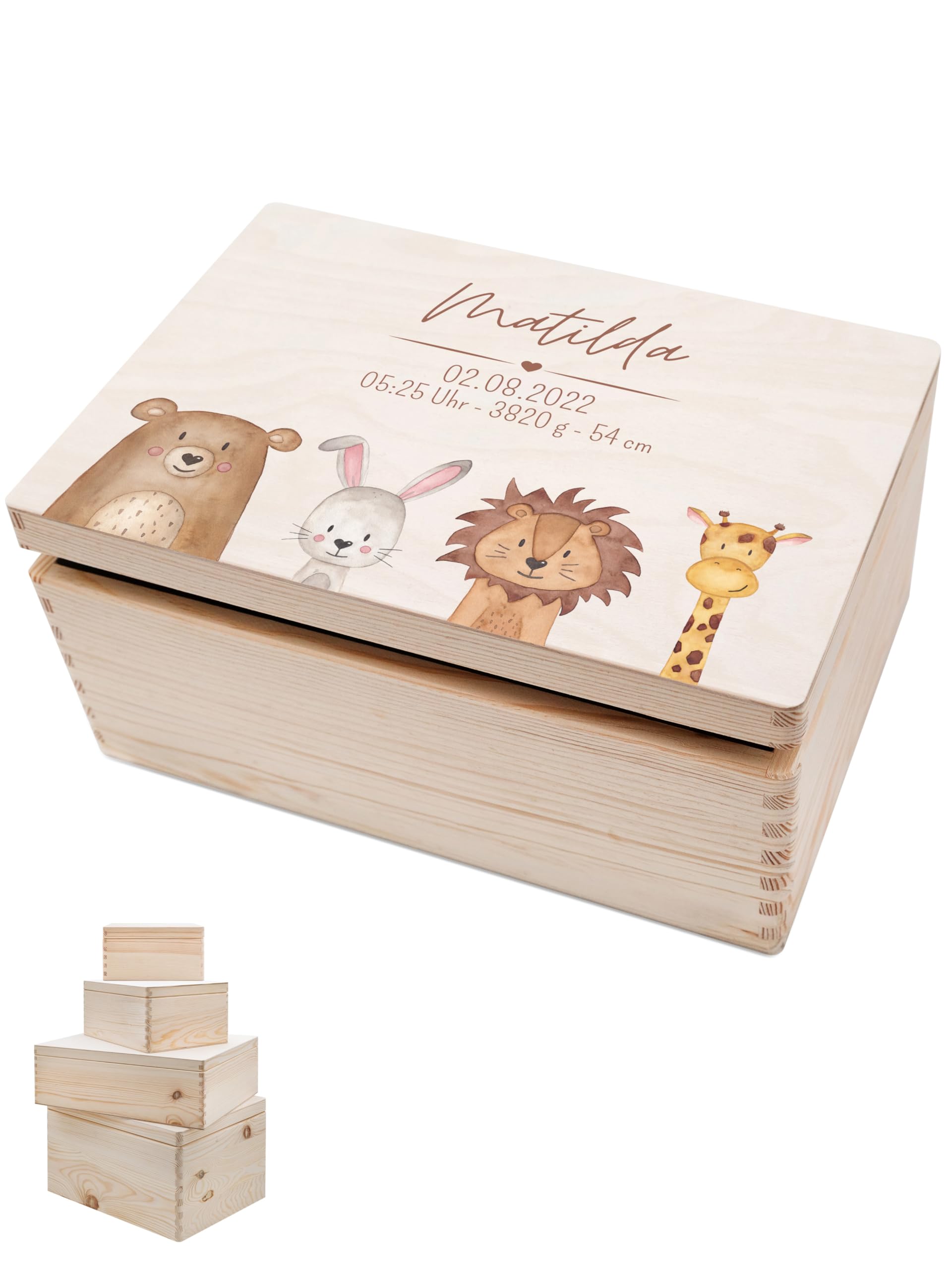 wunderwunsch - Personalisierte Erinnerungsbox Taufe mit Hochwertigem UV-Farbdruck - Individuelle Erinnerungsbox Baby - Niedliche Erinnerungskiste aus Holz (Tiere unten, M Stülpdeckel)