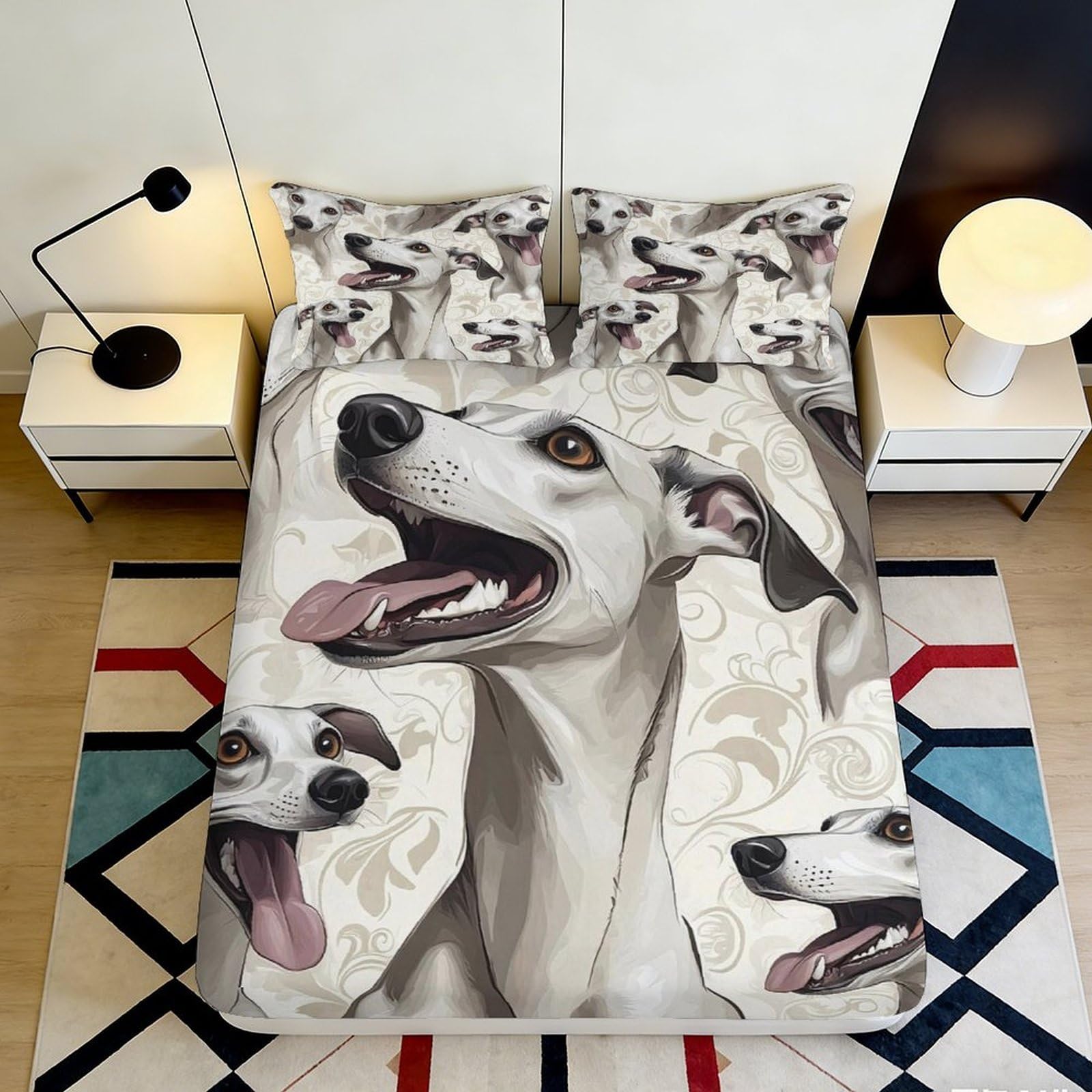 3D Printed Whippet Dog Pattern Fitted Sheet Microfiber Soft Mattress Cover for Bedroom Guest Room Easy Care 200x200x25cm