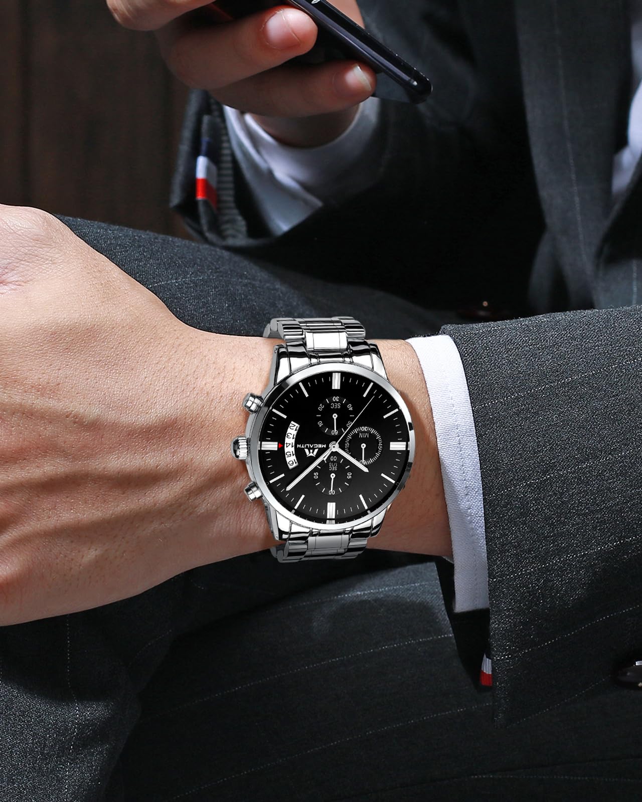 MEGALITH Orologio Uomo Acciaio Cronografo: Impermeabile Orologi da Polso Analogico Luminoso Data - Elegante Regali da Uomo Compleanno e Anniversario per Marito
