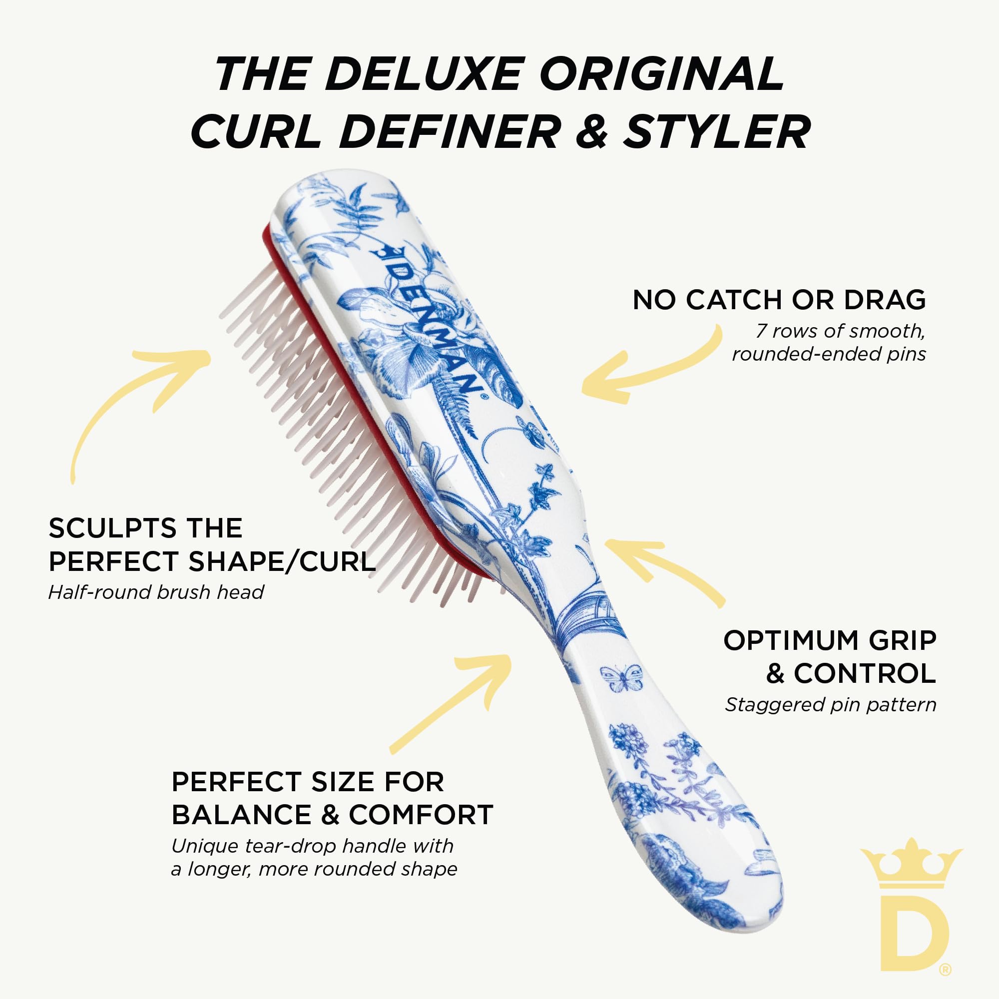 Denman D3 Original Curl Definer & Styler, Curly Hair Brush for Women & Men – 7 Row Detangling & Curl Defining Brush for Smooth Defined Curls - precyzyjny pędzel do stylizacji prostych włosów, D3 Blue
