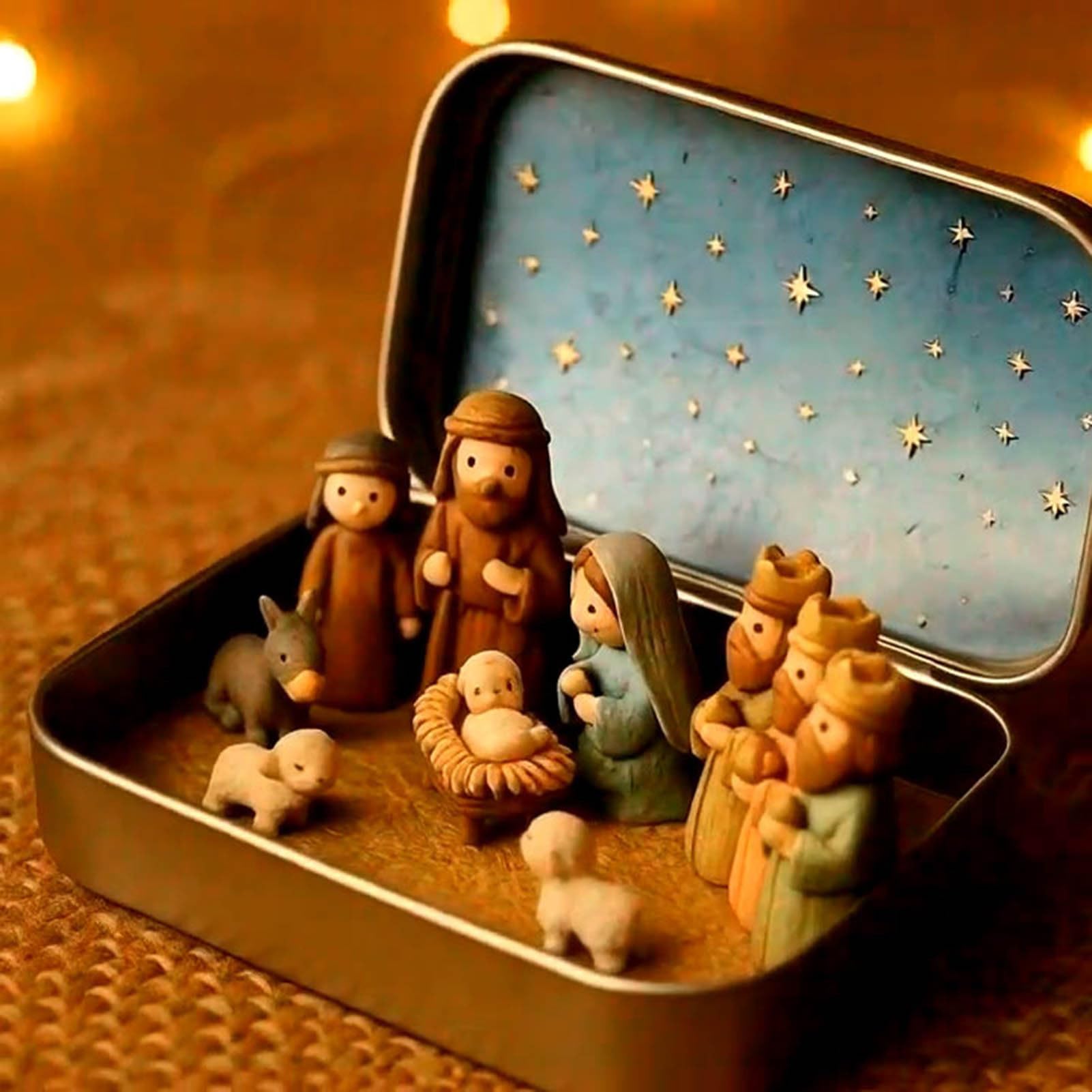 Belén Navideño En Miniatura En Caja Hojalata - 13x2,5x8cm Juego De Decoración Portátil De Belén De Bolsillo, Pequeñas Figuras Decorativas 3D Religiosas Santas, Para Escritorio Estante Oficina Hogar