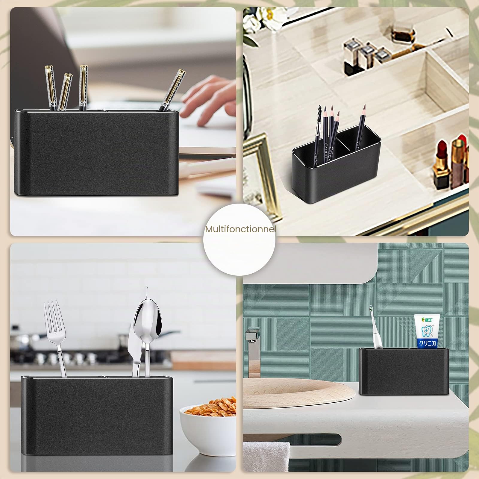 VAYDEER Porte-crayons carré à 2 trous en métal avec porte-stylo en aluminium, design moderne et base antidérapante - parfait pour bureau, école, maison et enfants. Noir.