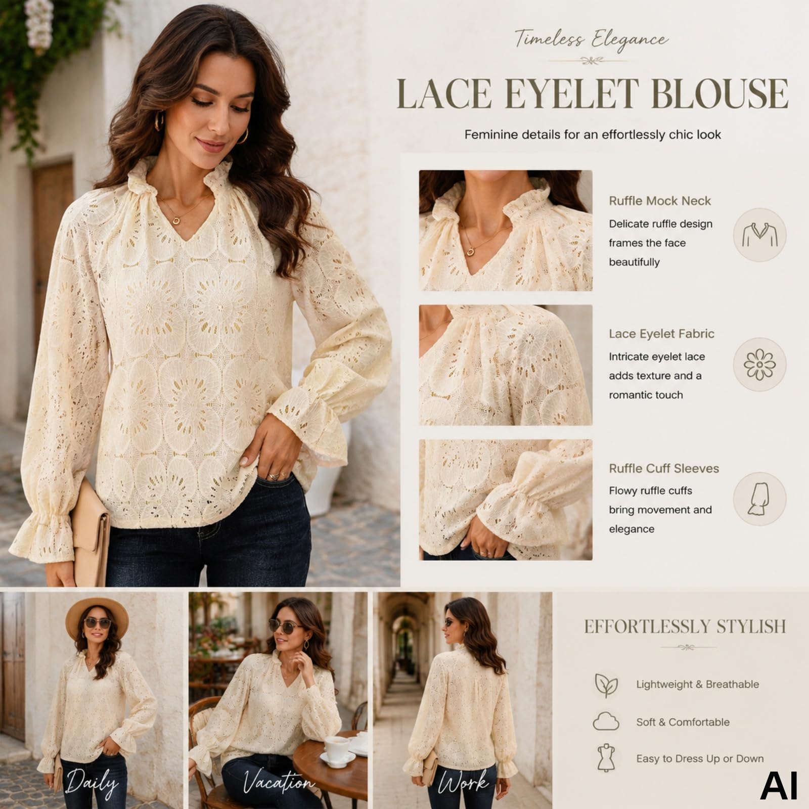 Camicia da Donna a Maniche Lunghe con Scollo a V e Lavorazione all'Uncinetto con Motivo Floreale Traforato