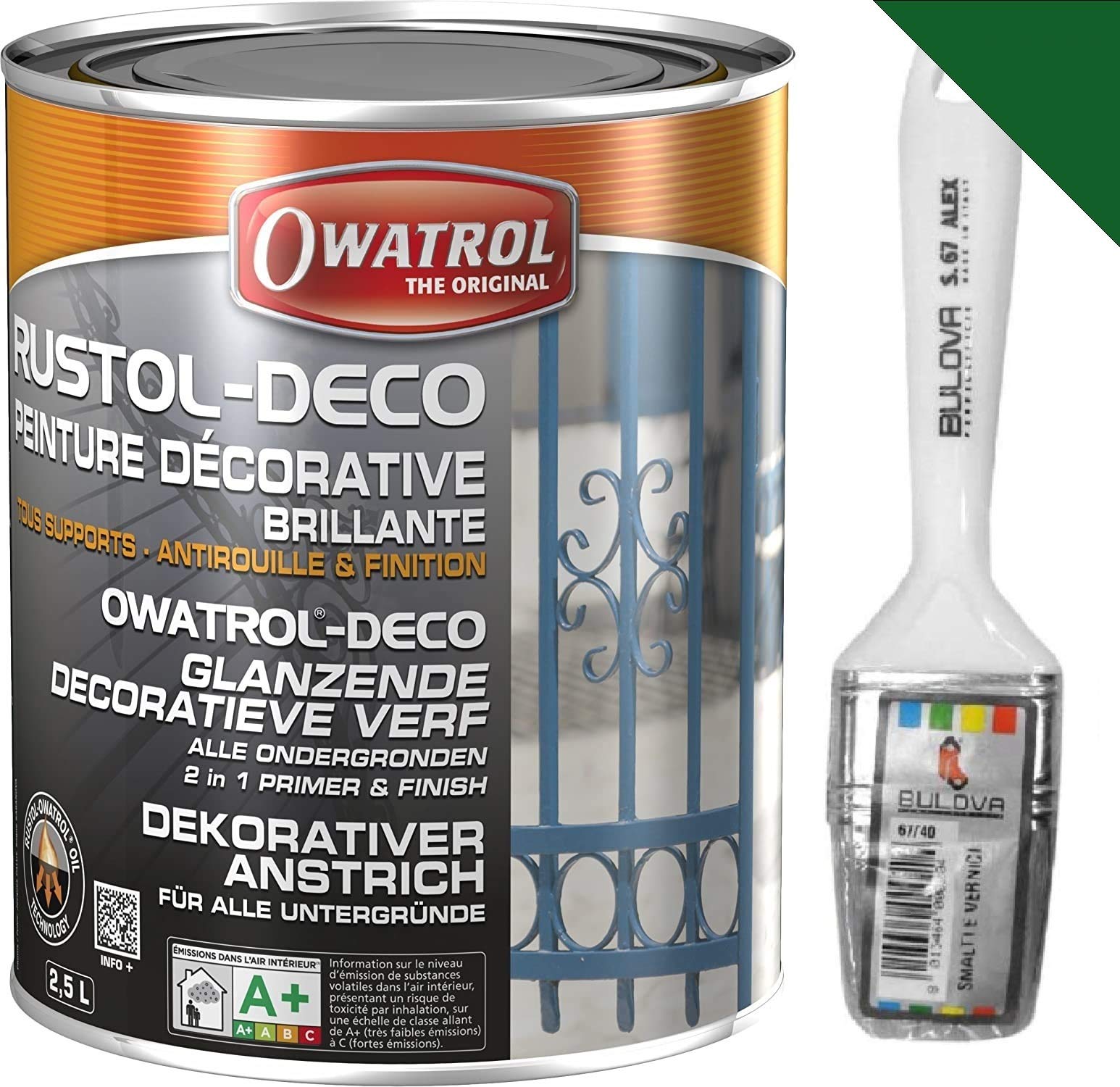 Owatrol DECO Vernice Smalto protettivo, Primer antiruggine, perfetto per Ferro (anche zincato), Legno, PVC, Plastica, Tegole. Finitura Lucida (2,5 Lt, Verde RAL 6005)