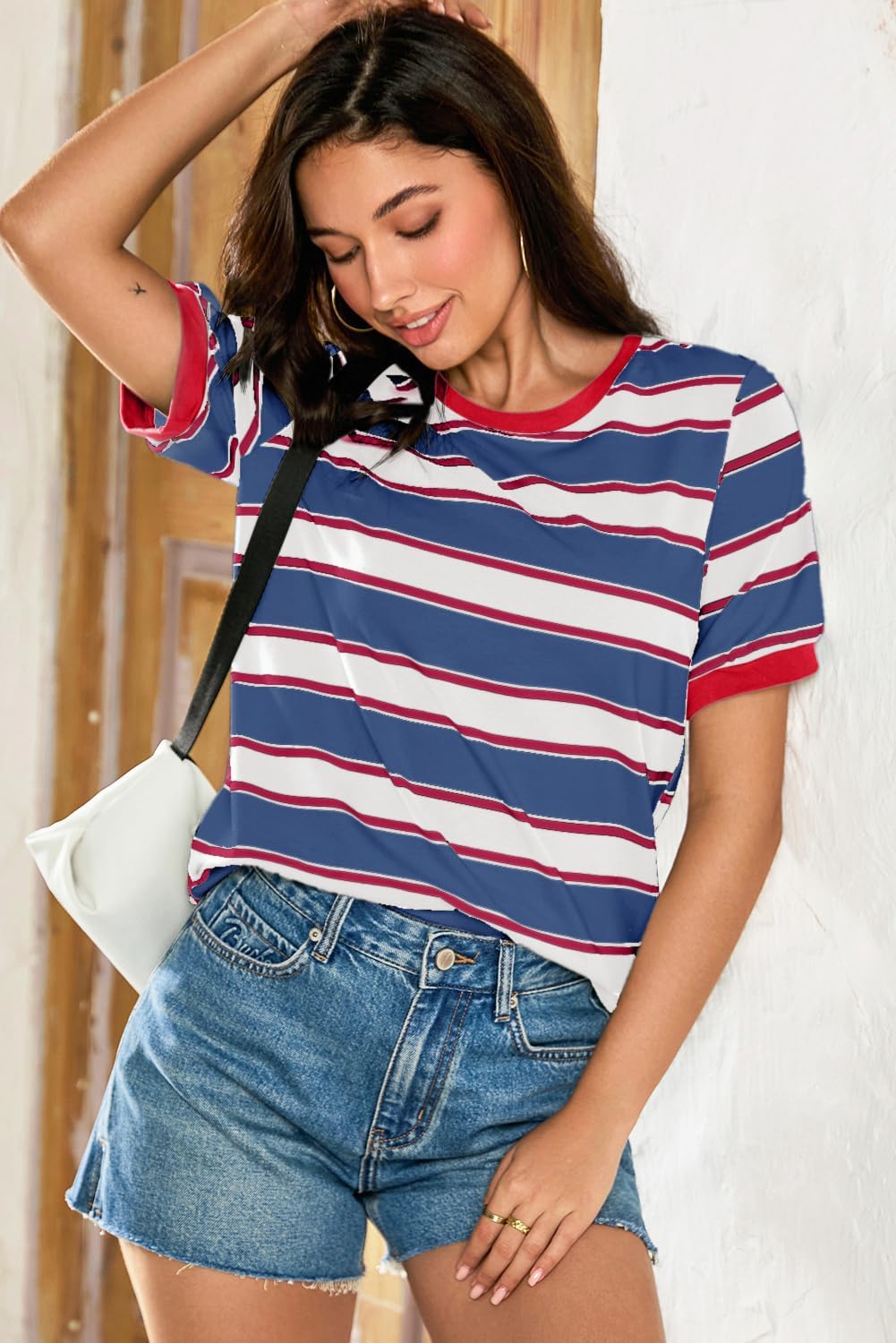 Dokotoo Womens Summer Tops 2026 Striped Color Block Short Sleeve Fashion T-Shirts Crewneck Casual Loose Basic Tee Blouses - Image 6