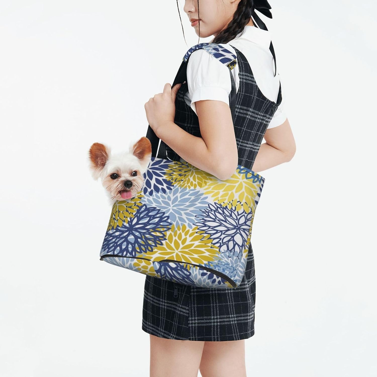 Blue Yellow Navy Chrysanthemum Flowers Portable Pet Purse Carrier Sling, Hands-Free Travel Dog and Cat Carrier for Small Dogs and Cats