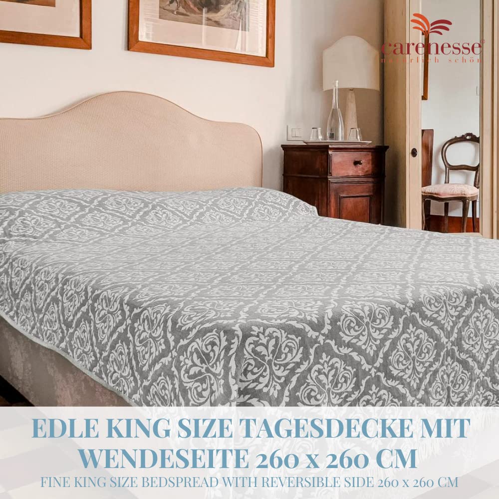 Carenesse Jacquard Tagesdecke King Size Barock 260 x 260 cm grau I Edle & zarte Wendedecke aus 100% Baumwolle mit hochwertiger Webung I Überwurf für Bett & Sofa I Wohndecke dünn & leicht