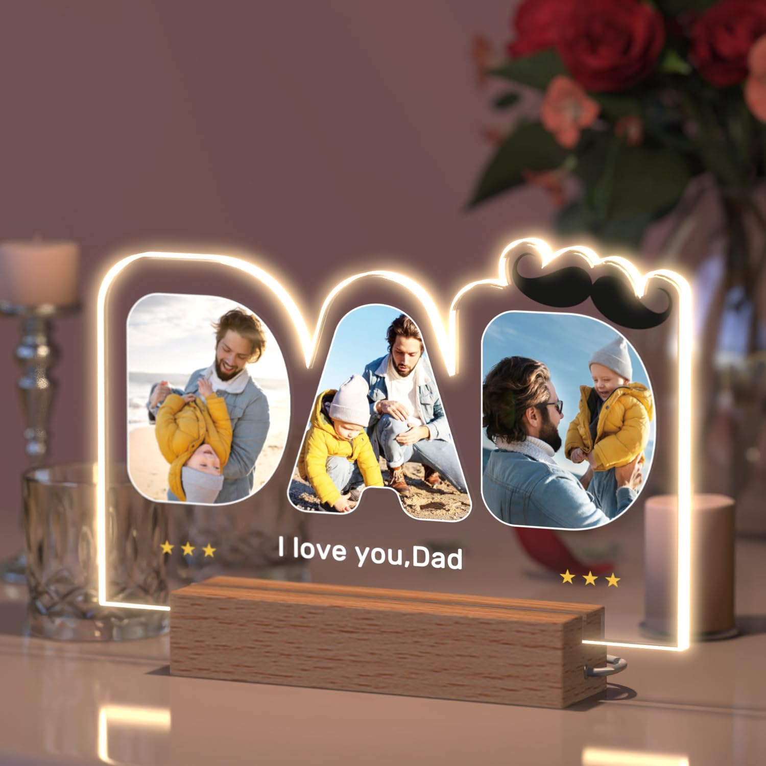 Personalised Gifts for Dad, Father's Day Gifts from Daughter Son, Customised Picture Frame Lamp Presents for Daddy Birthday, Original Ideas Night Light Album with Photo Text Acrylic Plaque — image 1
