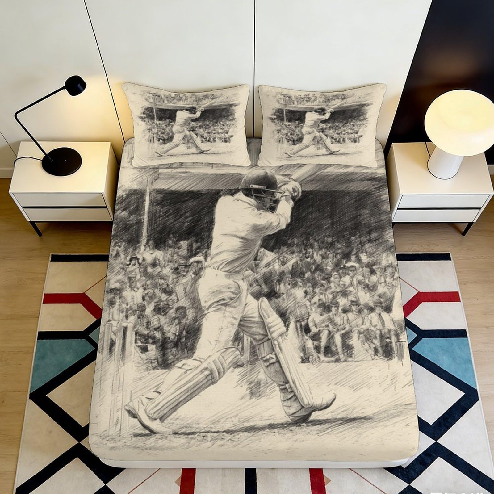 3D Printed Cricket Player Fitted Sheet Microfiber Durable Soft 3D Printed Sports Mattress Cover for Bedroom Dormitory Guest Room Protection 180x200x25cm