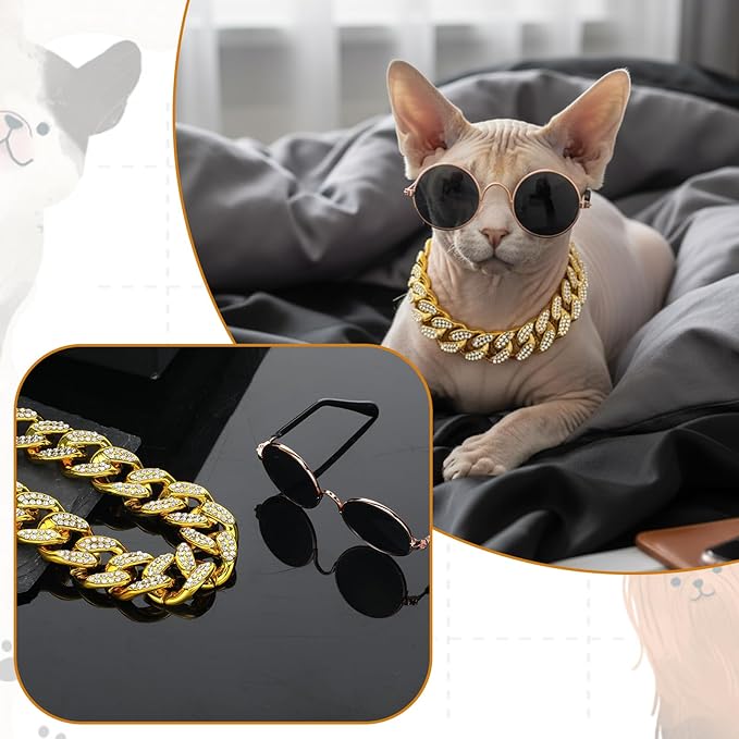 2 Piezas Gafas y Collar de Cadena para Perros y Gatos Disfraz Retro miniatura 7