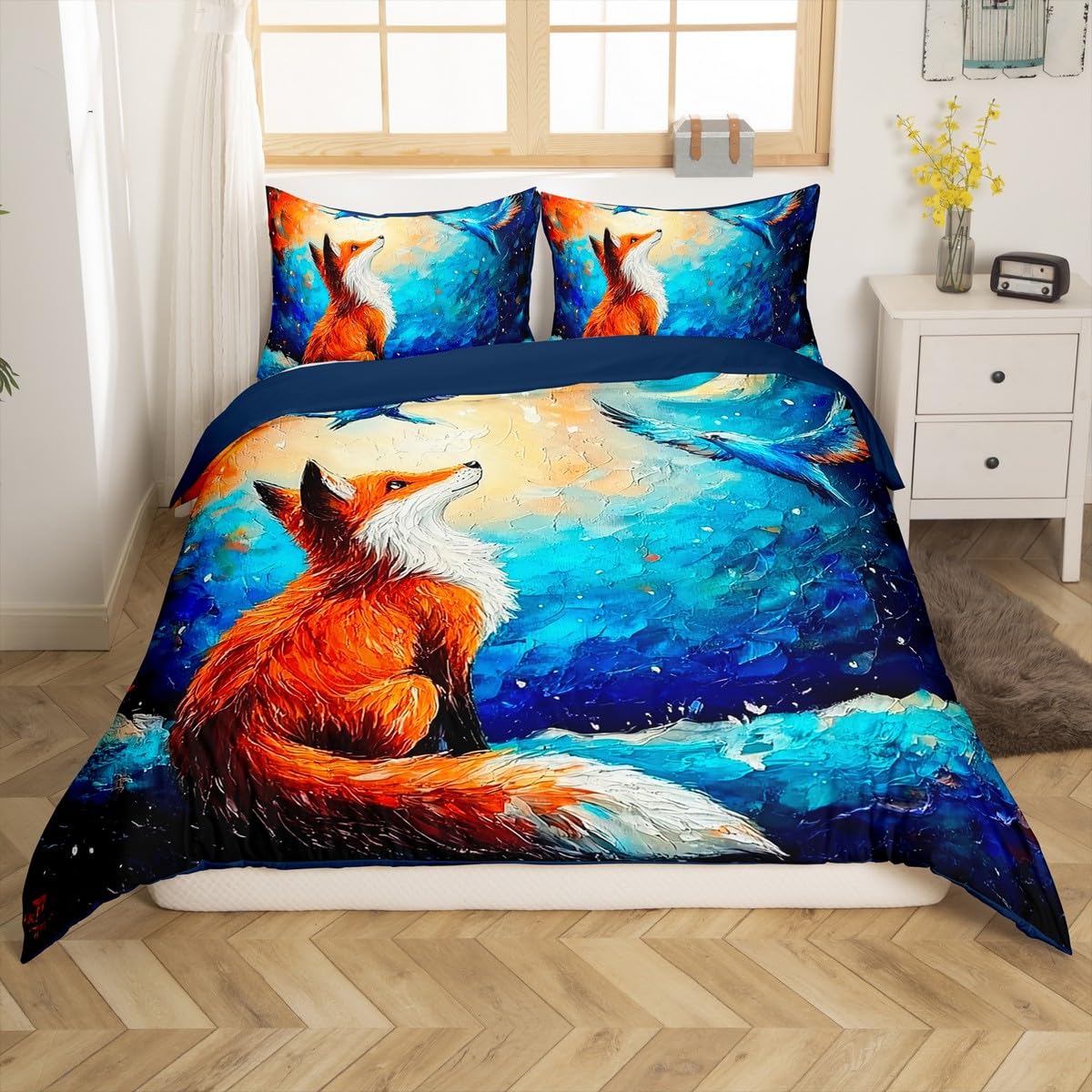 Loussiesd Fox Duvet Cover Double Size Kids Cute Cartoon Fox Bed Set for Boys Girls Teens Moon Bird Bedding Set Breathable Oil Painting Style Bedspread Cover Room Decor - Image 3