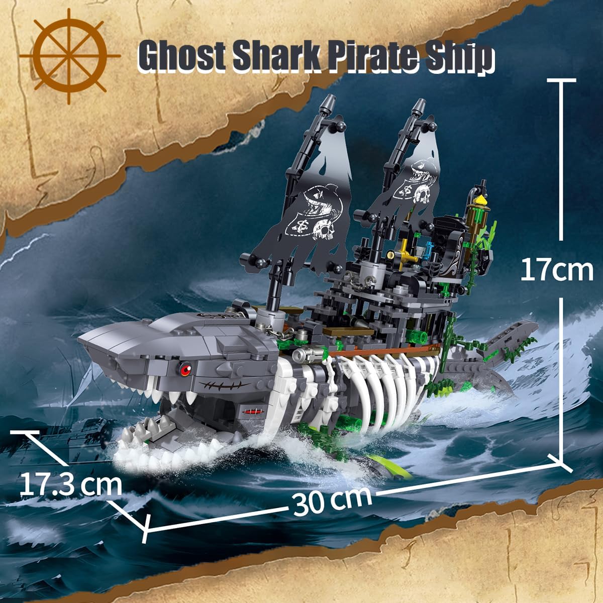 BDYDT Ghost Shark Pirate Ship Mini Building Blocks Set (1155 Pieces) Building Set Model Toys Gifts for Kid and Adult, Interesting Gifts for Pirate Ship Enthusiasts