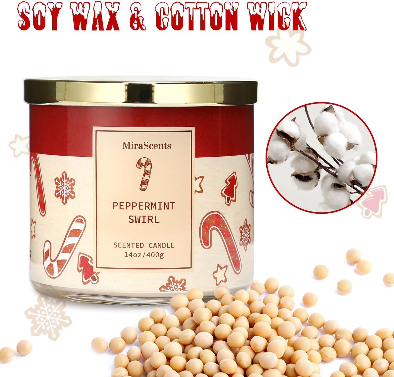 Christmas Cookie Candle, Christmas Crushed Candy Cane Scented Jar Candle, Holiday Decor Collection, Large 3 Wicks Candle, 14oz - Image 4