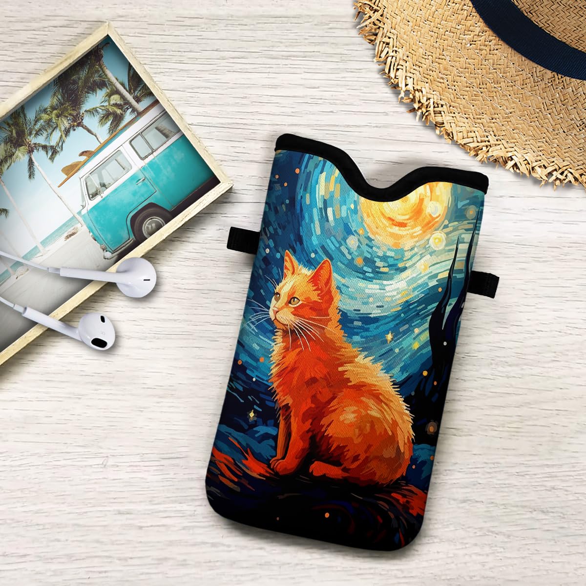 Funda de neopreno para teléfono celular de 7.5 x 4.3 pulgadas, funda de protección móvil con correa cruzada, cordón para el cuello, funda para teléfono celular, pintura al óleo de gato galaxia