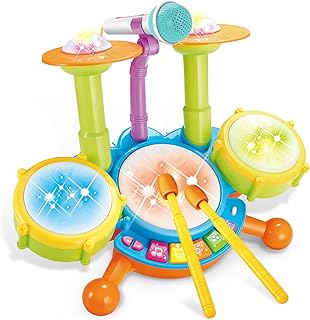 Kids Drum Set for Toddlers 1-3, Baby Drum Set Musical Toddlers Drum Toys with 2 Drum Sticks, Beats Flash Light and Microphone Baby Drums 1 Year Old, Birthday Gift for 1-6 Years Old Boys Girls