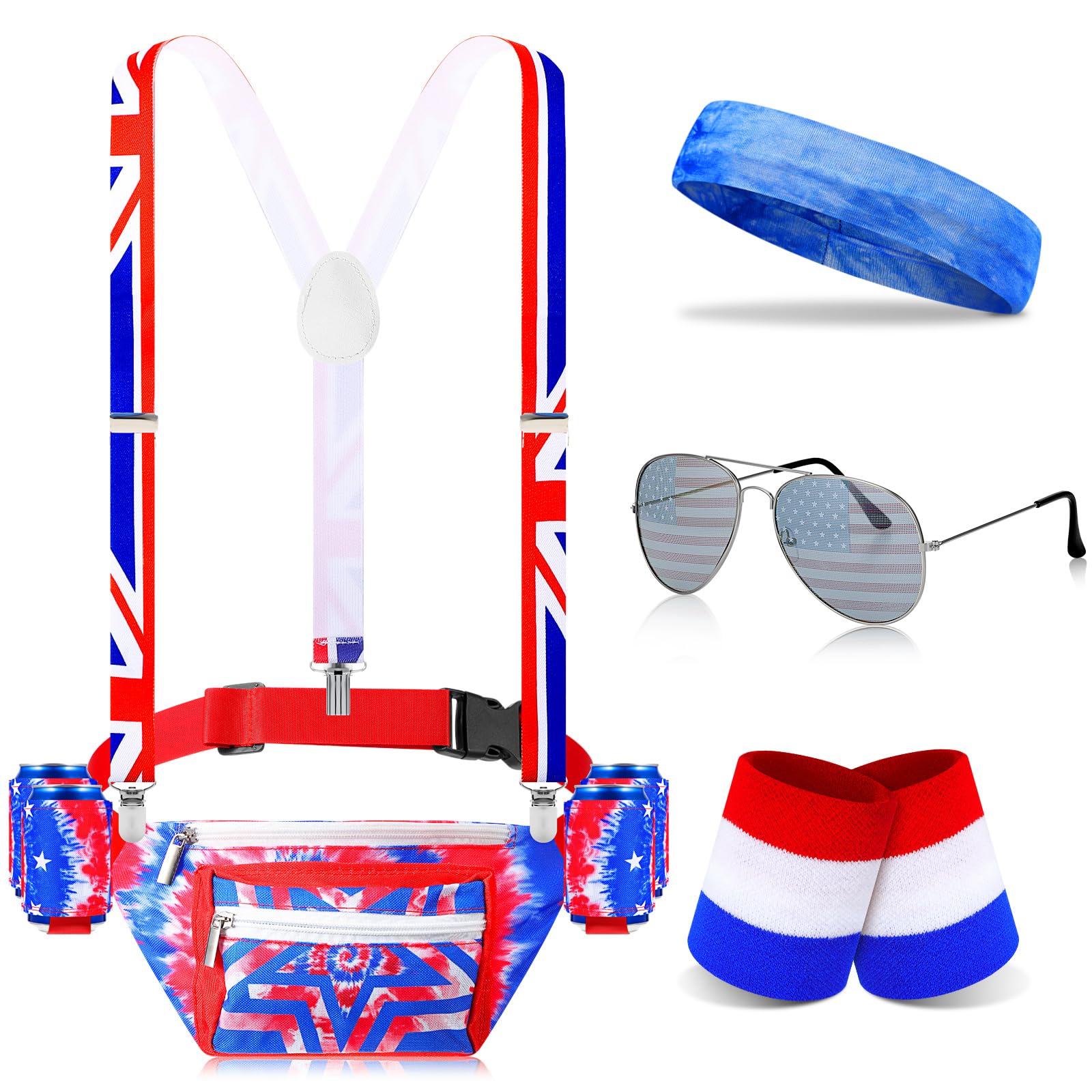 Sweetude Patriotic USA Gay Pride Rainbow Fanny Pack Costume set Beer Belt with Drink Holder Sunglasses Stripe Sweatband (Dyeing)