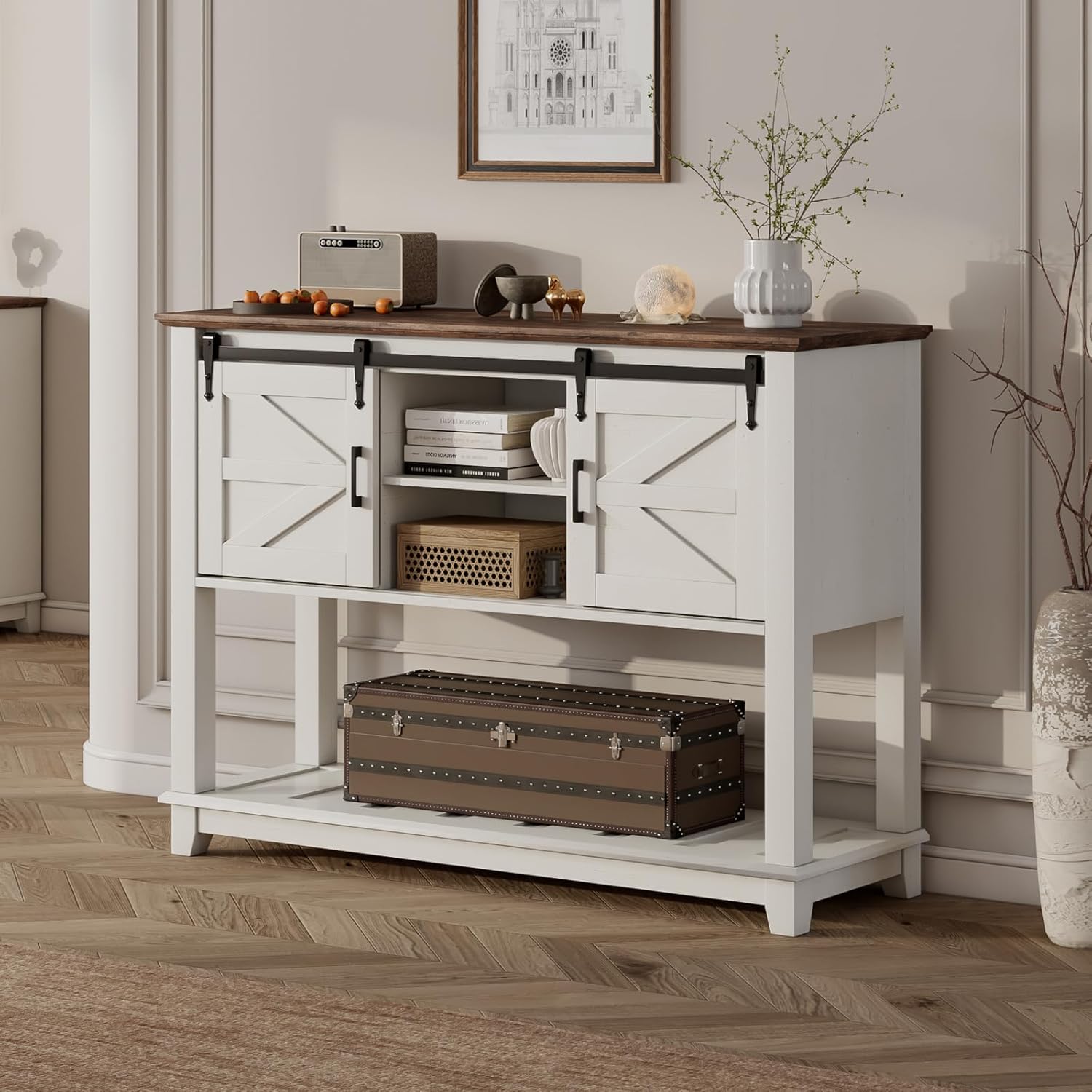 LUXOAK Farmhouse Entryway Table with Sliding Barn Doors, 46" Sofa Table for Living Room, Console Table with Storage Hallway Entrance Table, Antique White