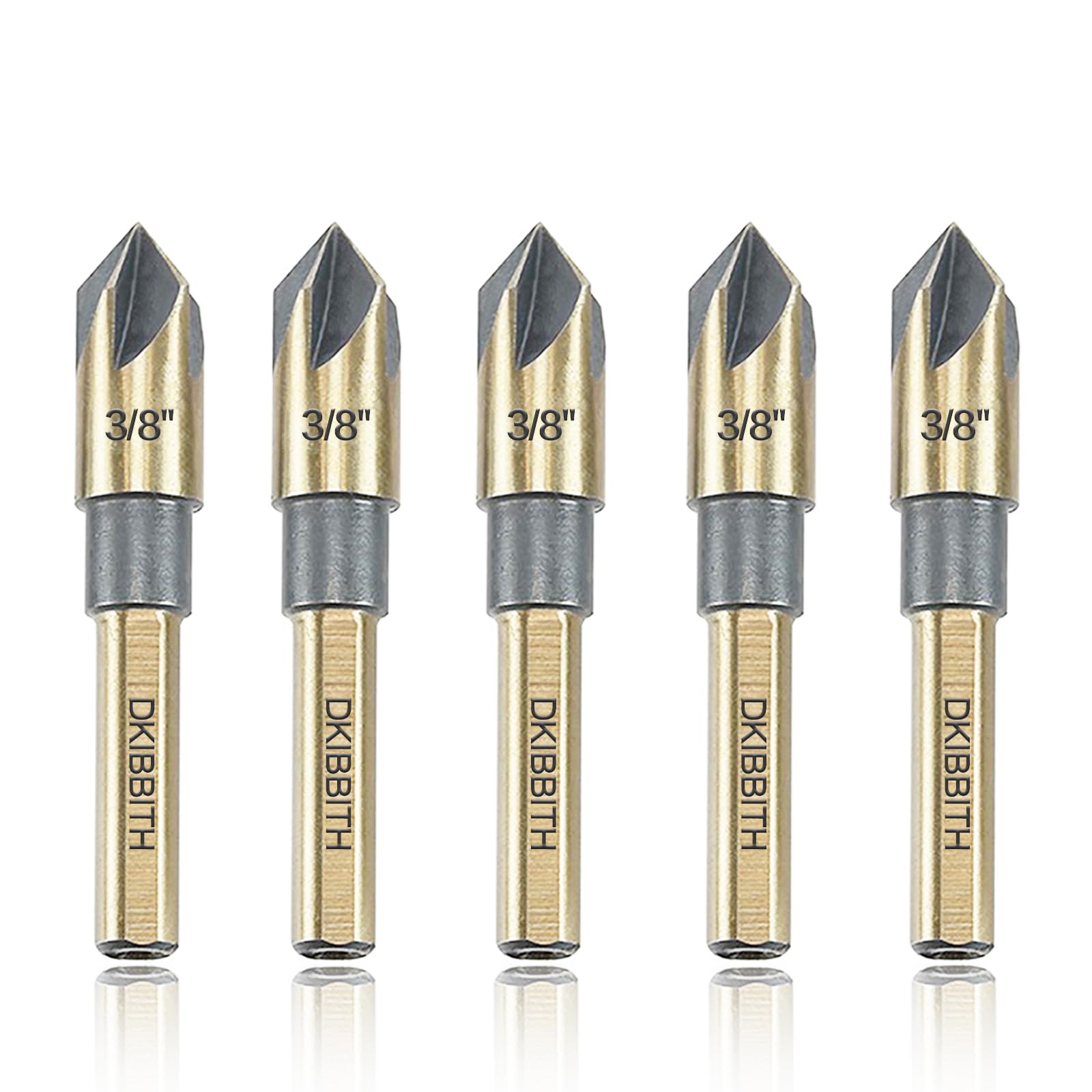 Countersink Drill Bit Set, 5 Pieces High Speed Steel 82 Degree 5 Flute 6mm Round Shank Mill Cutter Bit Countersink in Sizes 3/8" Set with Carrying