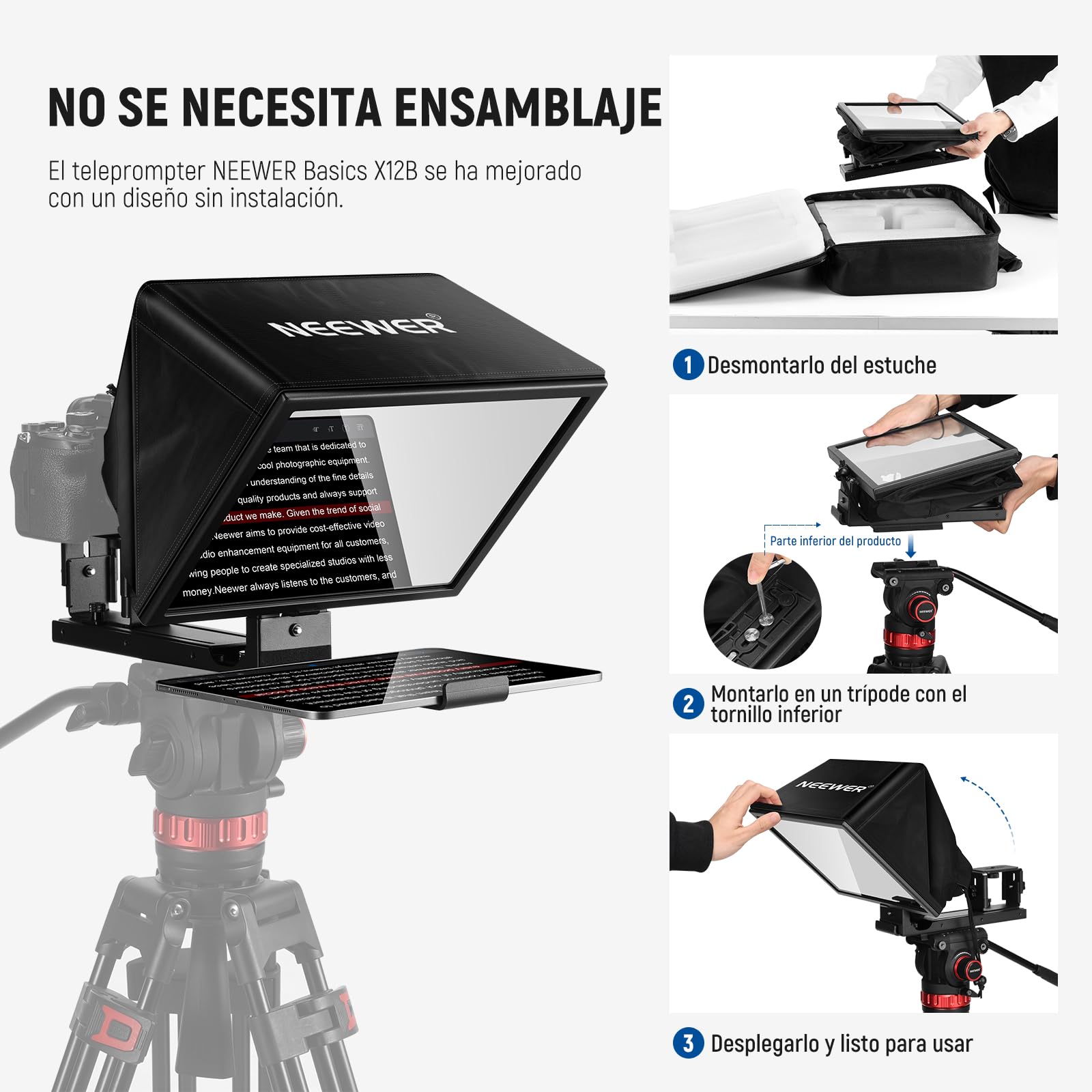 NEEWER Basics X12B Teleprompter Elevable Aleación Aluminio 12", Compatible con iPhone iPad Tablet Phone Camera, Sin Ensamblaje/Remoto & App Control, paño de Limpieza, para Curso Online Streaming Live