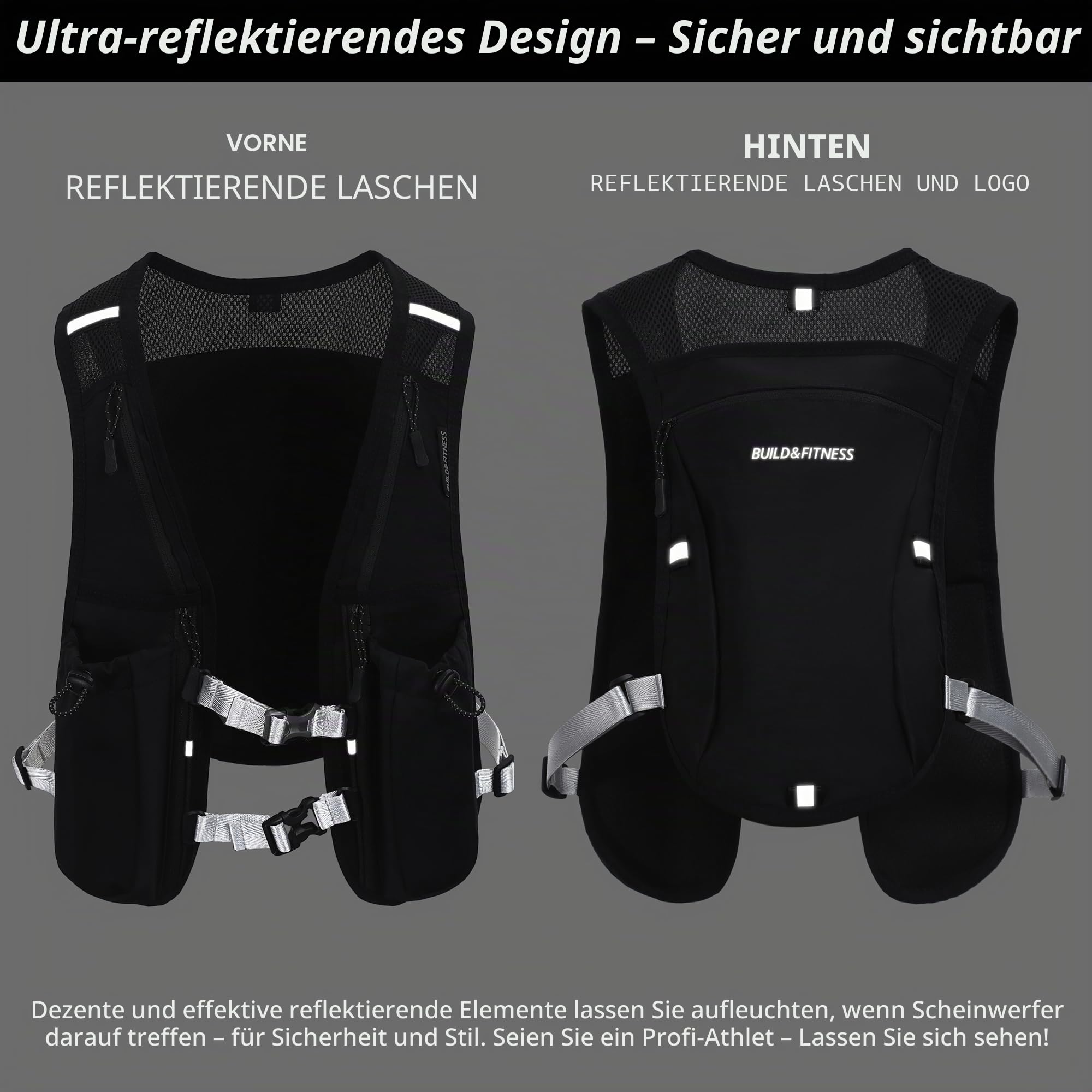 Lauf-Trinkweste für Damen und Herren. Reflektierend, 8 Taschen, schnell trocknend, 1.5L, Verstellbarer Rucksack für Läufe, Radfahren, Trails, Marathons