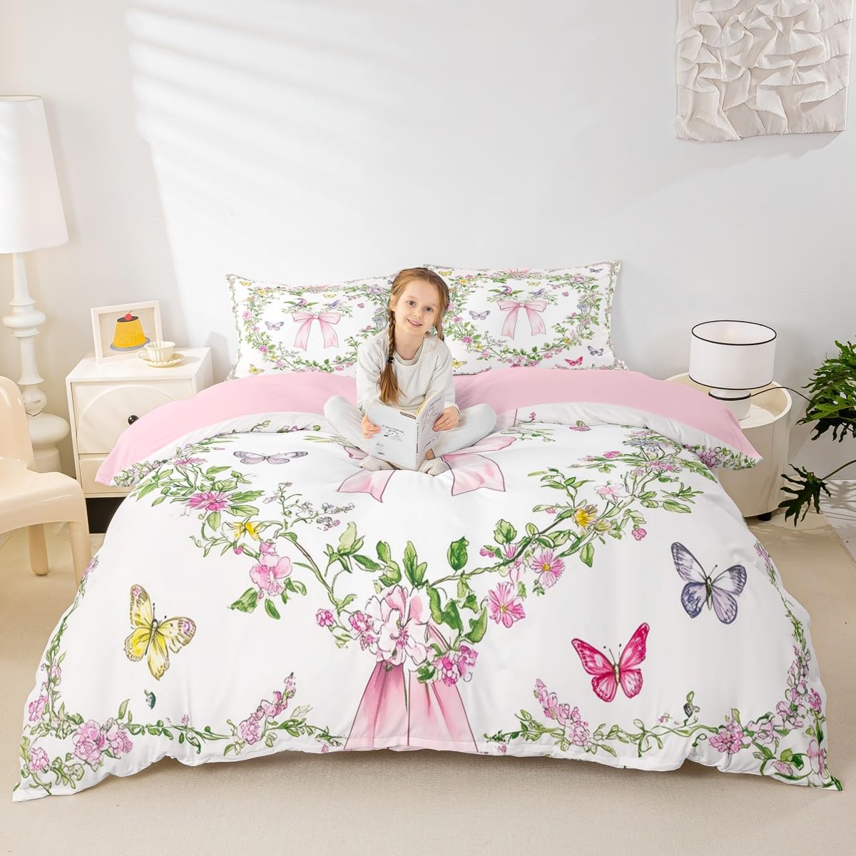 Pink Bowknot Duvet Cover Cot Size for Kids GirlsTeens,Watercolor Spring Flowers Leaves 2 Pcs Quilt Cover,Natural Birds Butterfly Soft Bedding (Not Comforter),Rustic Botanical Comforter Cover