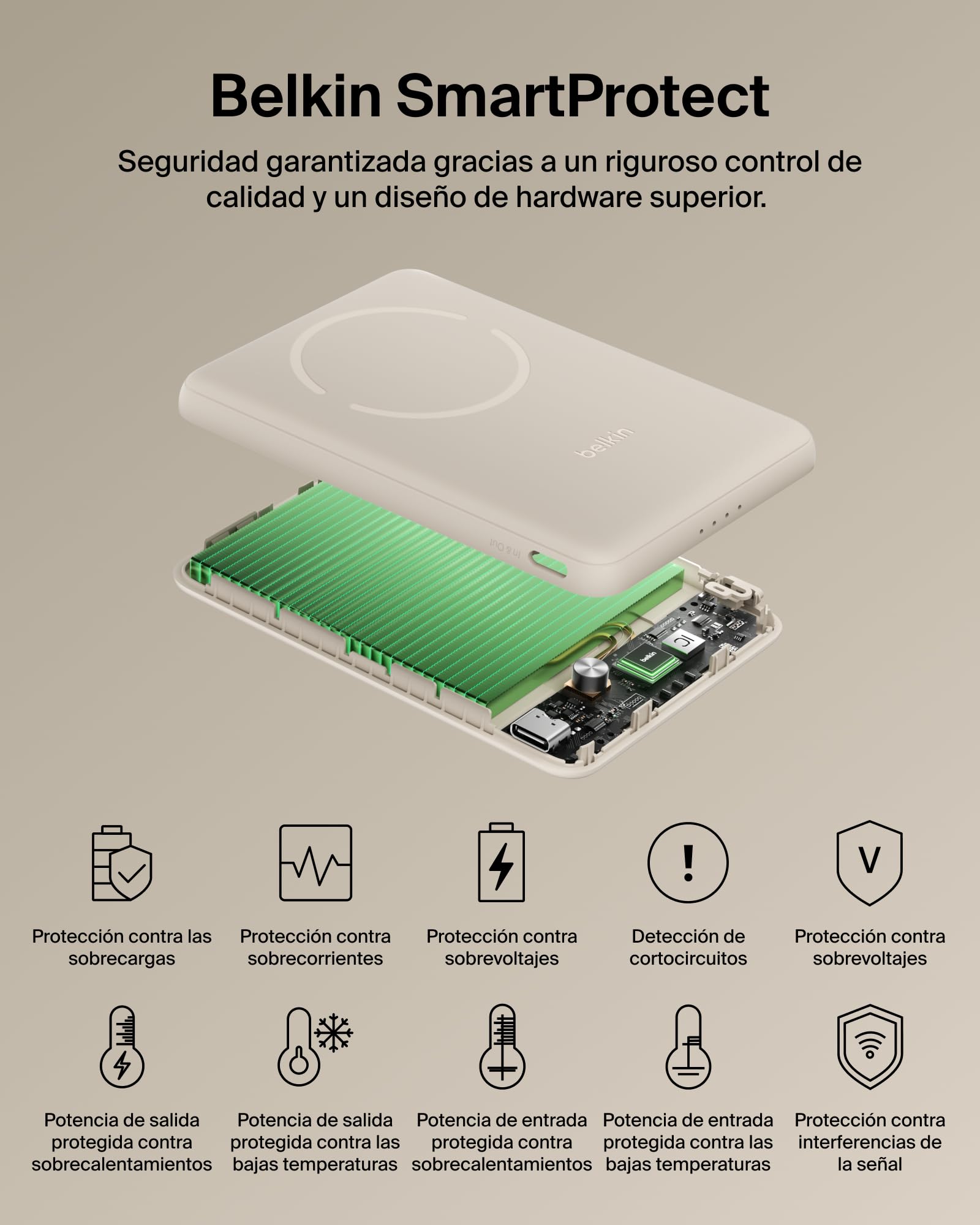 Belkin BoostCharge Batería Externa 5000 mAh con Anillo Magnético - Arena | Power Bank de 5000 mAh, Anillo Magnético, 1 Puerto USB-C, Cable Incluido, Autorizada como Equipaje de Mano, Batería Portátil